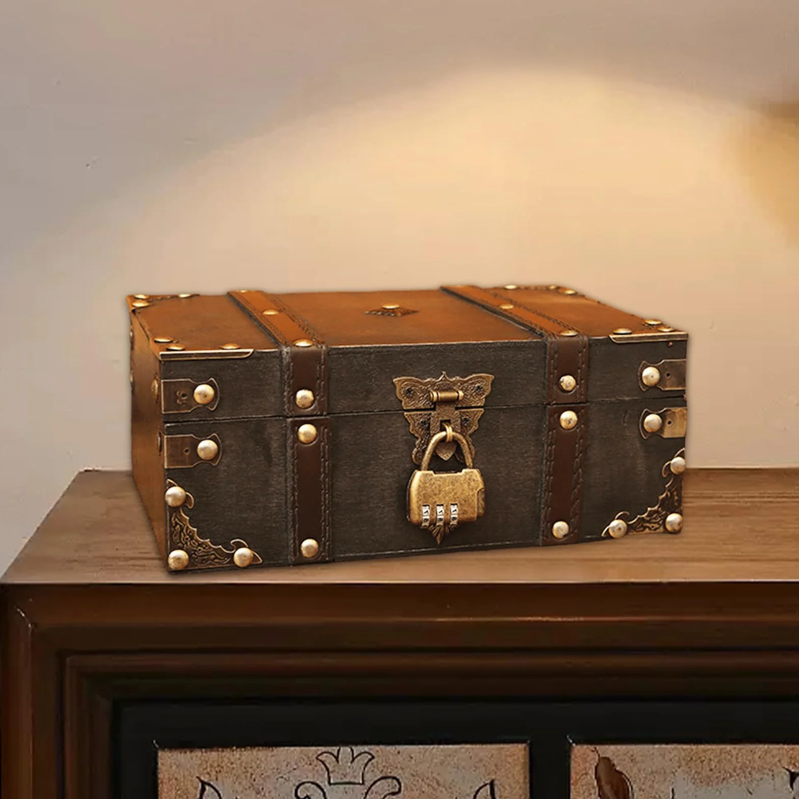 GBKDQQ Drewniana skrzynia na skarby w stylu vintage, 24 x 17 x 9,5 cm, skrzynia na skarby z zamkiem szyfrowym, na urodziny dziecka, drewniana skrzynia do przechowywania, dekoracja