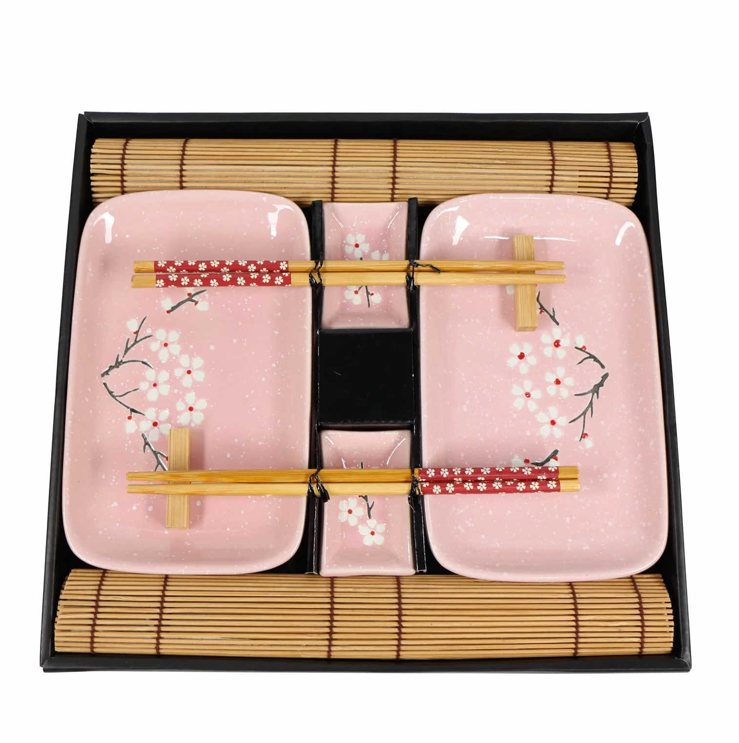 EXZACT Zestaw talerzy do sushi, 10 szt., 2 x talerze do sushi, 2 x miski do dipów, 2 x podkładki, 2 x podpórki na pałeczki, 2 pary pałeczek, wysokiej jakości porcelana, pudełko upominkowe, różowe