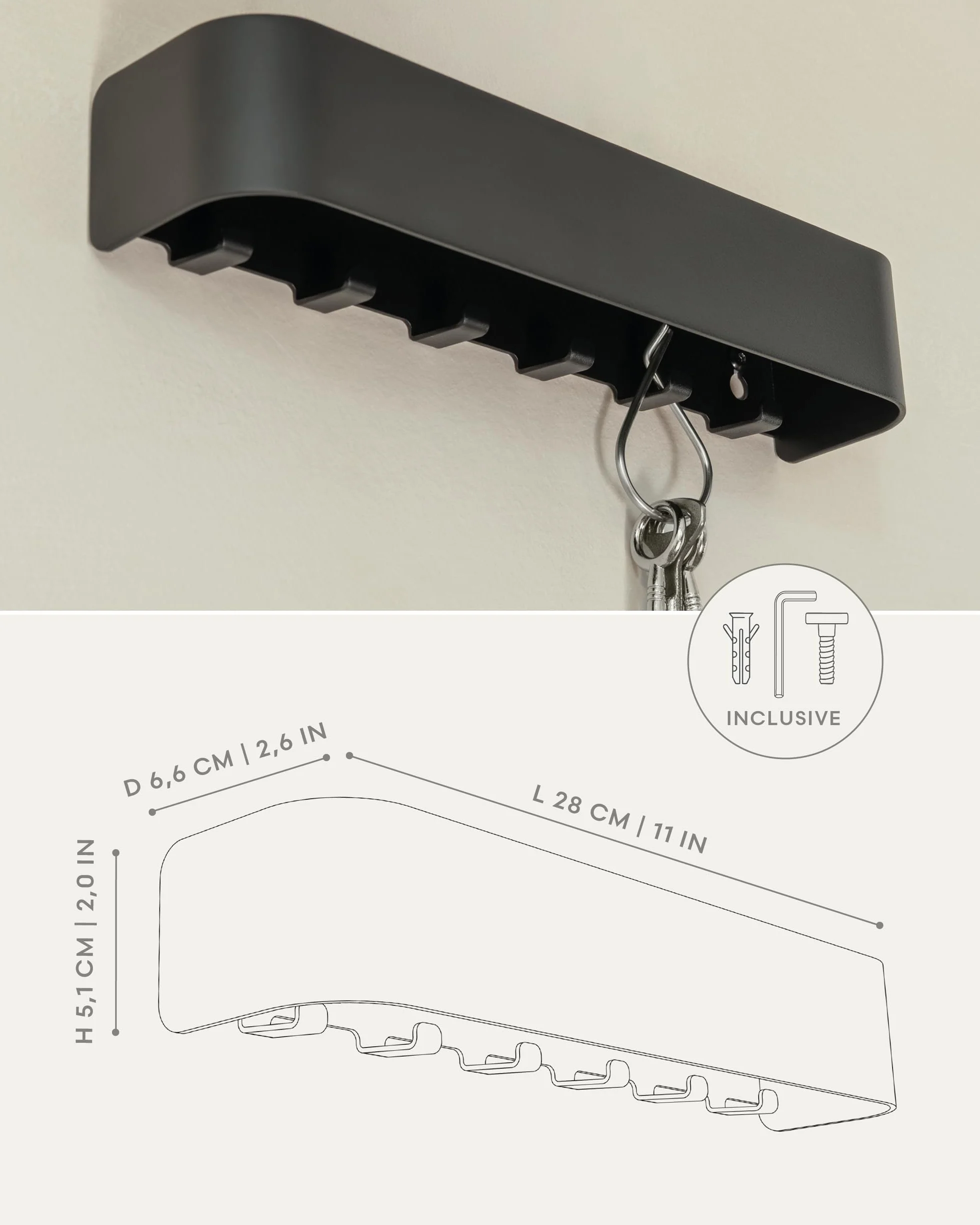 KAZAI. Wieszak na klucze Tone | Minimalistyczny wieszak na klucze z Berlina | Metalowa półka | Czarny