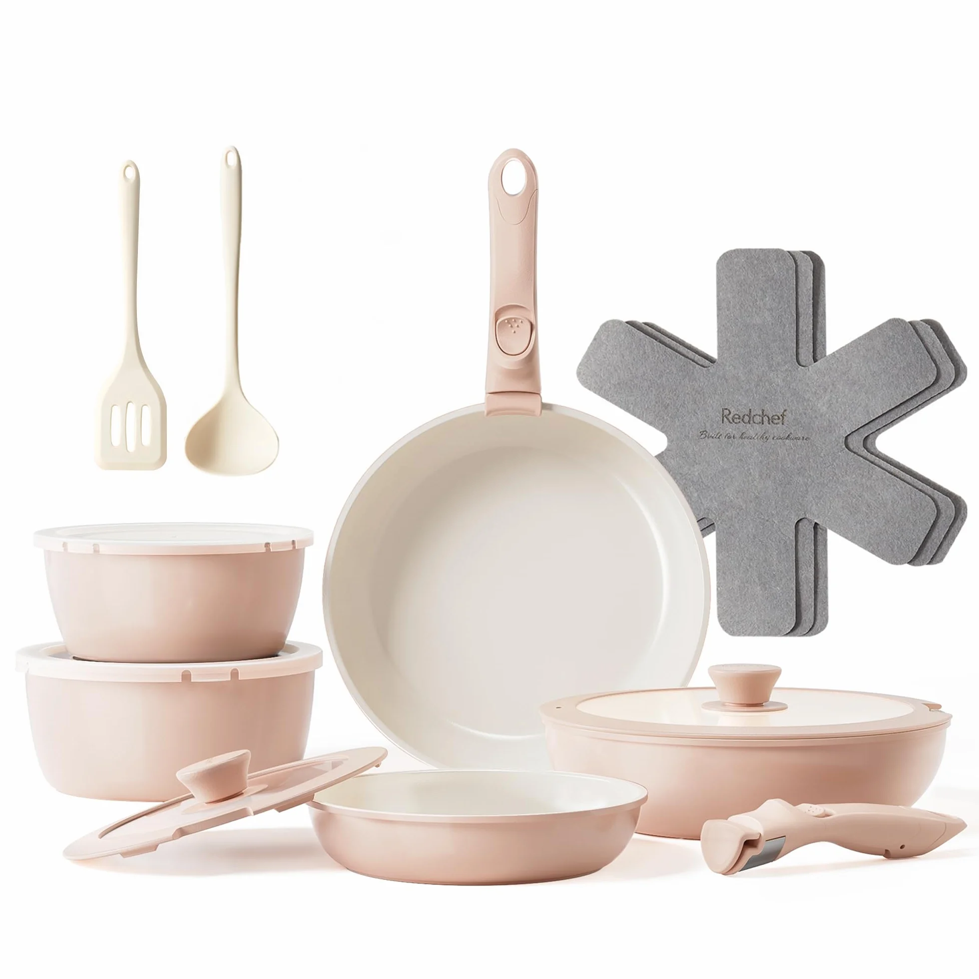 Redchef 16-cz ceramiczny zestaw garnków i patelni, nieprzywierający, nietoksyczny (bez PFAS/PFOA/PTFE), bezpieczny w zmywarce i piekarniku, z odczepianą rączką (różowy)