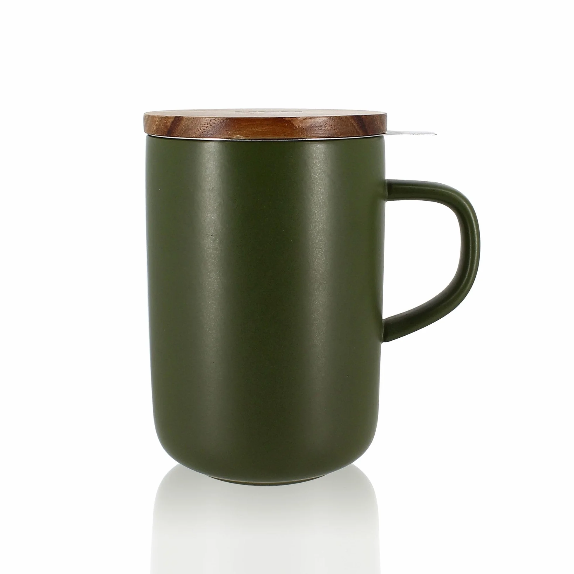 OGO LIVING Juliet herbata ziołowa 475 ml - idealna do herbaty i herbaty ziołowej - kubek do herbaty z kamionki i pokrywką z drewna akacjowego - zielony khaki - 7912034