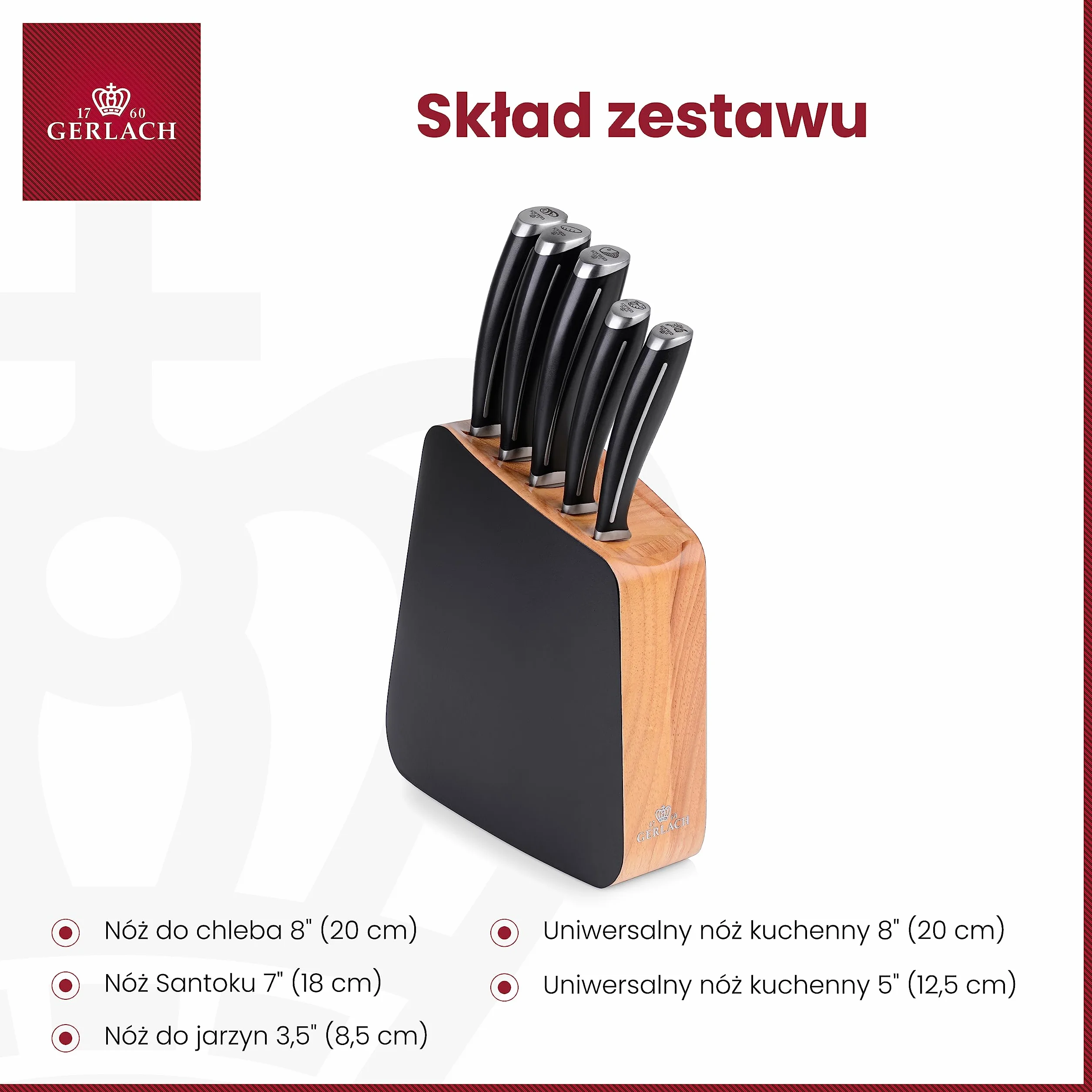 Gerlach Loft Zestaw Noży W Drewnianym Bloku Do Kuchni 5 rodzajów Ostrza Stal Nierdzewna Nóż Kuchenny Szefa Do Chleba Jarzyn