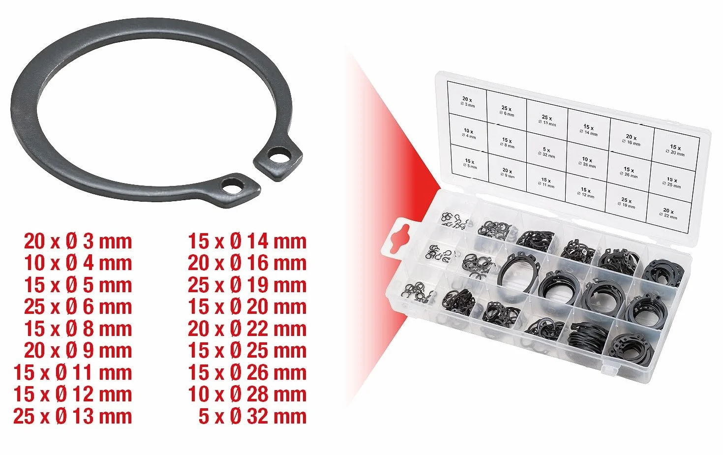 KS Tools 970.0100 Asortyment pierścieni zabezpieczających zewnętrznych, Ø 3-32mm, 300-szt