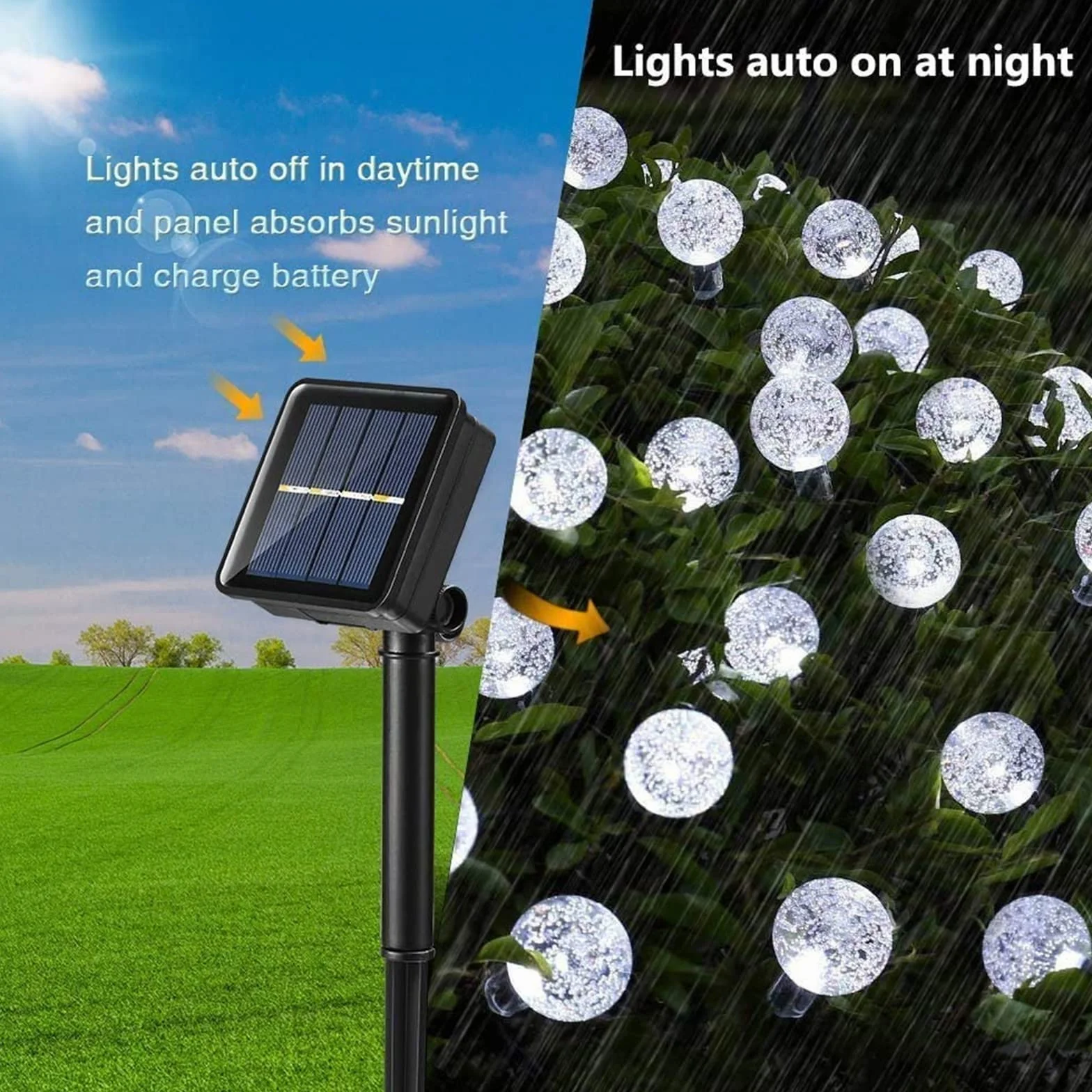 Solarne lampy ogrodowe na zewnątrz, 10 m, 60 diod LED, solarne łańcuchy świetlne, wodoodporne, zasilane energią słoneczną, kryształowa kula do wewnątrz i na zewnątrz, dekoracyjne światła do ogrodu, na patio, do podwórka, na święta, imprezy, białe