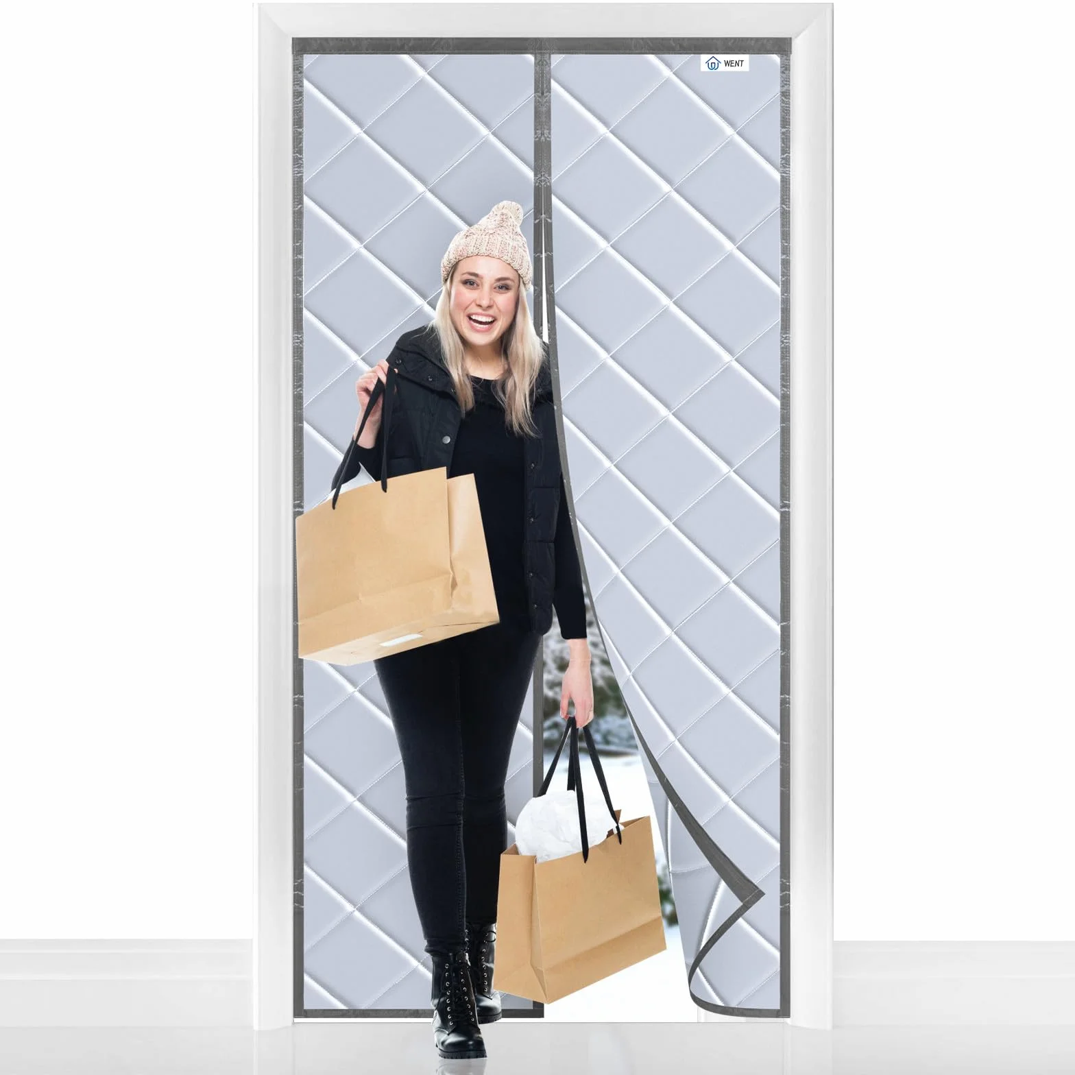 WENT Magnetyczna zasłona na drzwi 85 x 205 cm izolacja termiczna wiatroszczelna szara