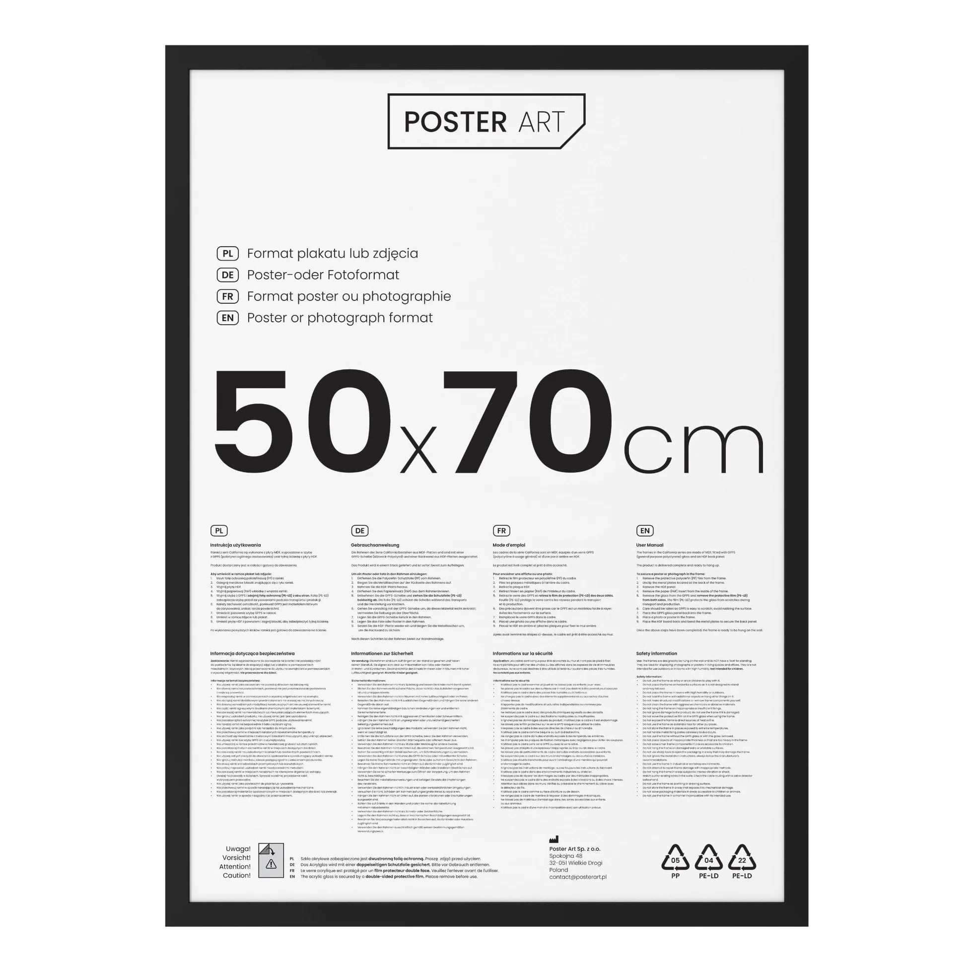 Ramka na zdjęcia 50x70 z MDF i szkłem akrylowym - montaż pionowy lub poziomy, idealna do zdjęć, plakatów i puzzli 1000 elementów - ramka czarna