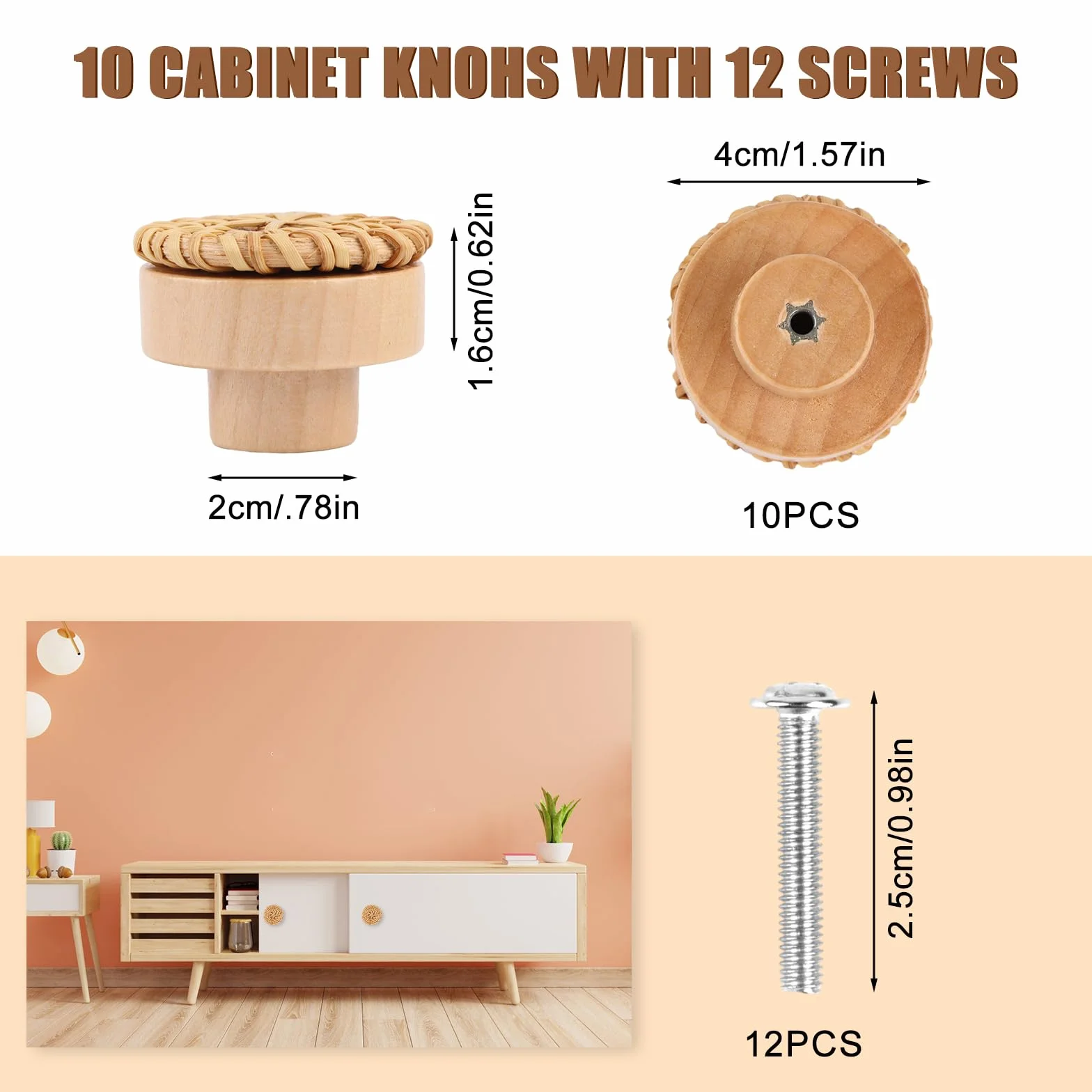 Gałki do szuflad 10 sztuk, uchwyty kuchenne rattanowe uchwyty do szafek 40 mm gałki i uchwyty drewniane gałki do szafki rattanowe uchwyty do szuflad, kuchni, szaf, mebli, kredensu (Φ40mm)