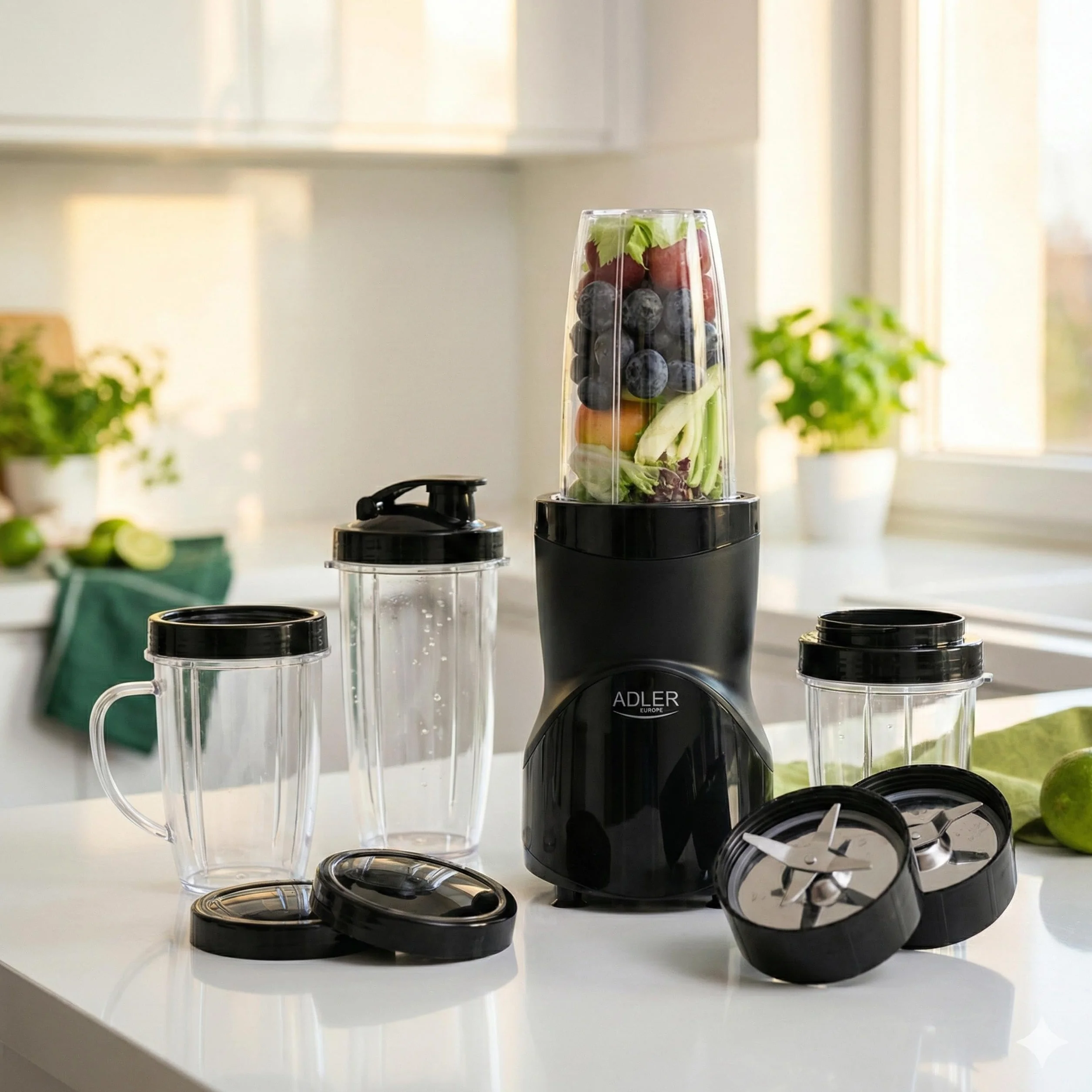 ADLER EUROPE Blender kielichowy, blender do smoothie i do koktajli, mikser personalny, kruszy lód, 1200W, wolne od BPA, 3 bidony i kubek, ostrza ze stali nierdzewnej z 4 nożami i z 2 nożami