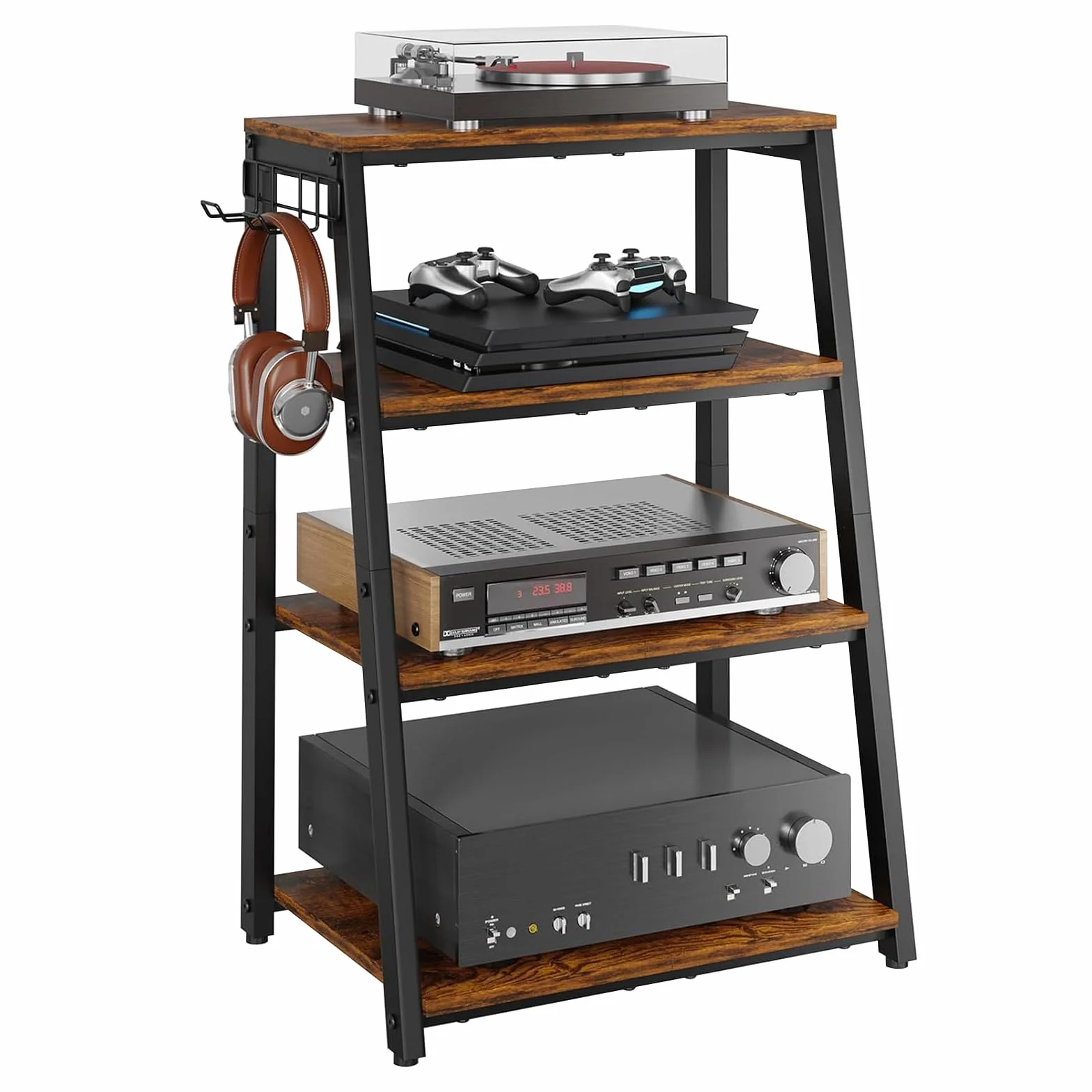 TWSOUL 4-stopniowy regał HiFi, szafka na gramofon, drewniana i stalowa wieża audio, regał do gier z otwartymi półkami, do gramofonów i systemów stereo oraz instalacji kompaktowych, 48 x 36 x 80 cm