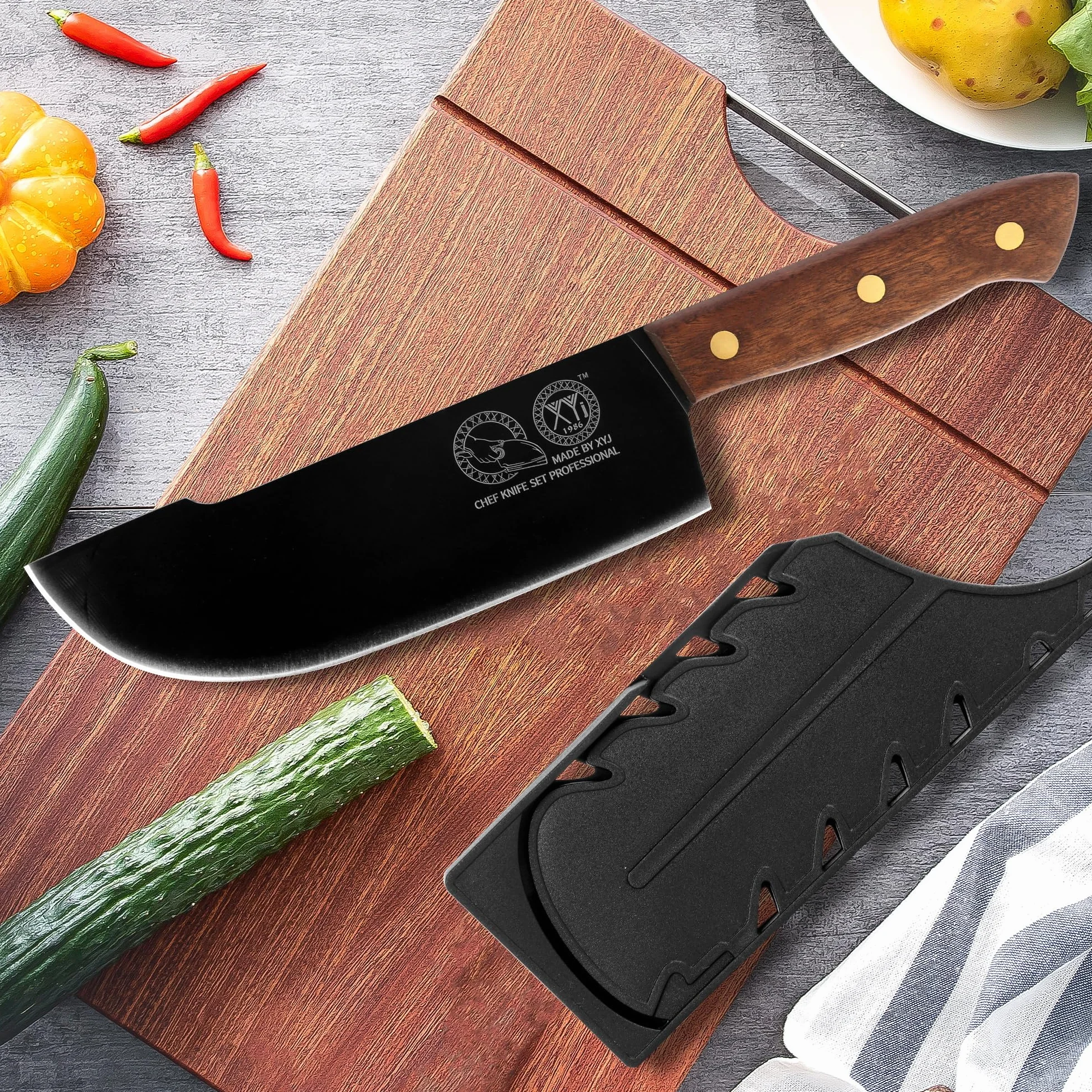 XYJ 8 Inch Slicing Knife With Sheath, Handmade Forged Kitchen Knife, Stainless Steel Blade, Full Tang, Meat Cleaver for Meat Cutting, Cooking Chefs Knife for Camping Outdoor BBQ for Women Men