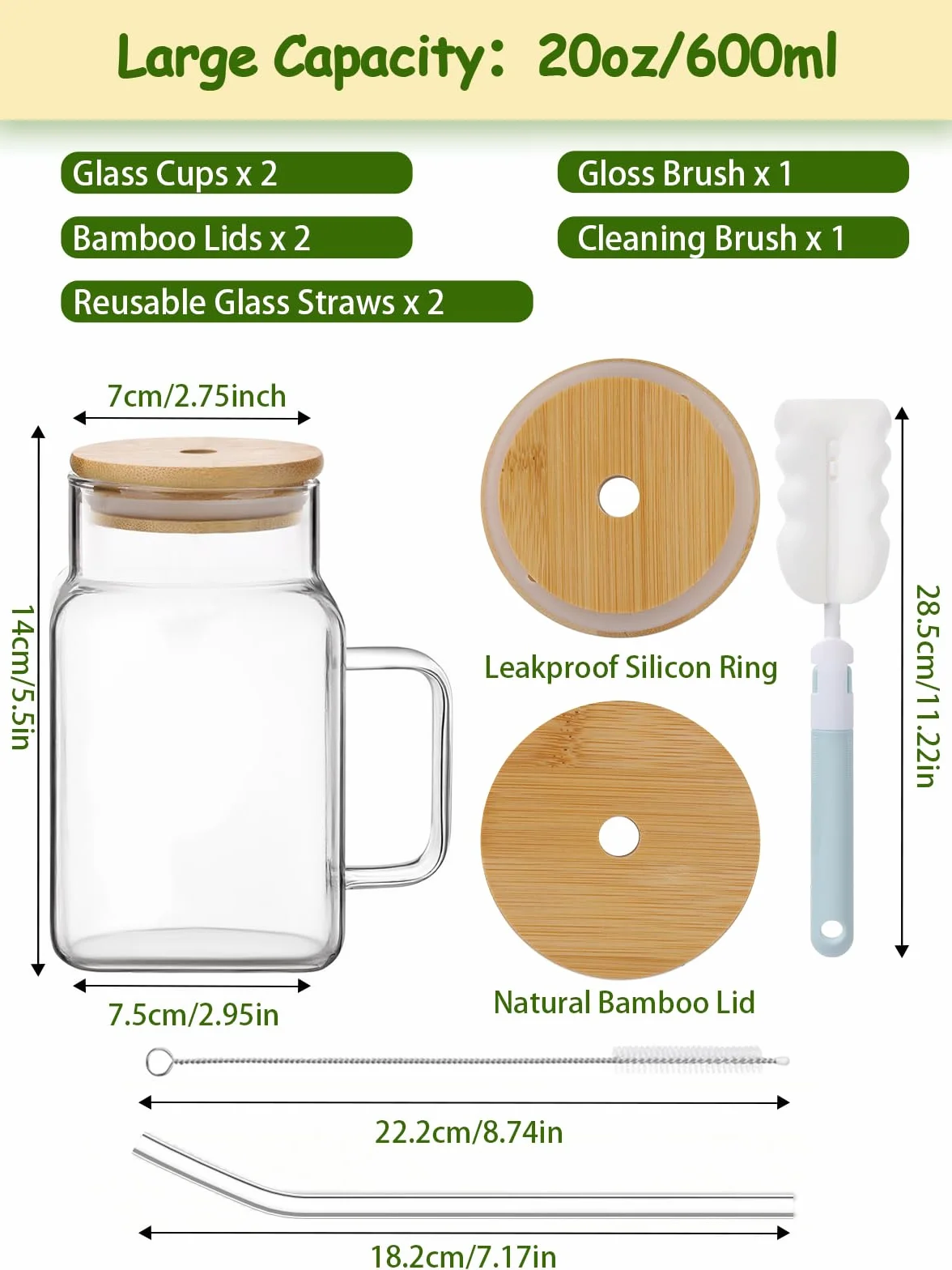 2 Sztuki Szklanki ze Słomką, Szklanka do Piwa 600 ml, Kwadratowa Szklana, Szkło Borokrzemowe, z Bambusową Pokrywką, do Wody, Koktajli Mlecznych, Soków, Koktajli, Piwa, Sody