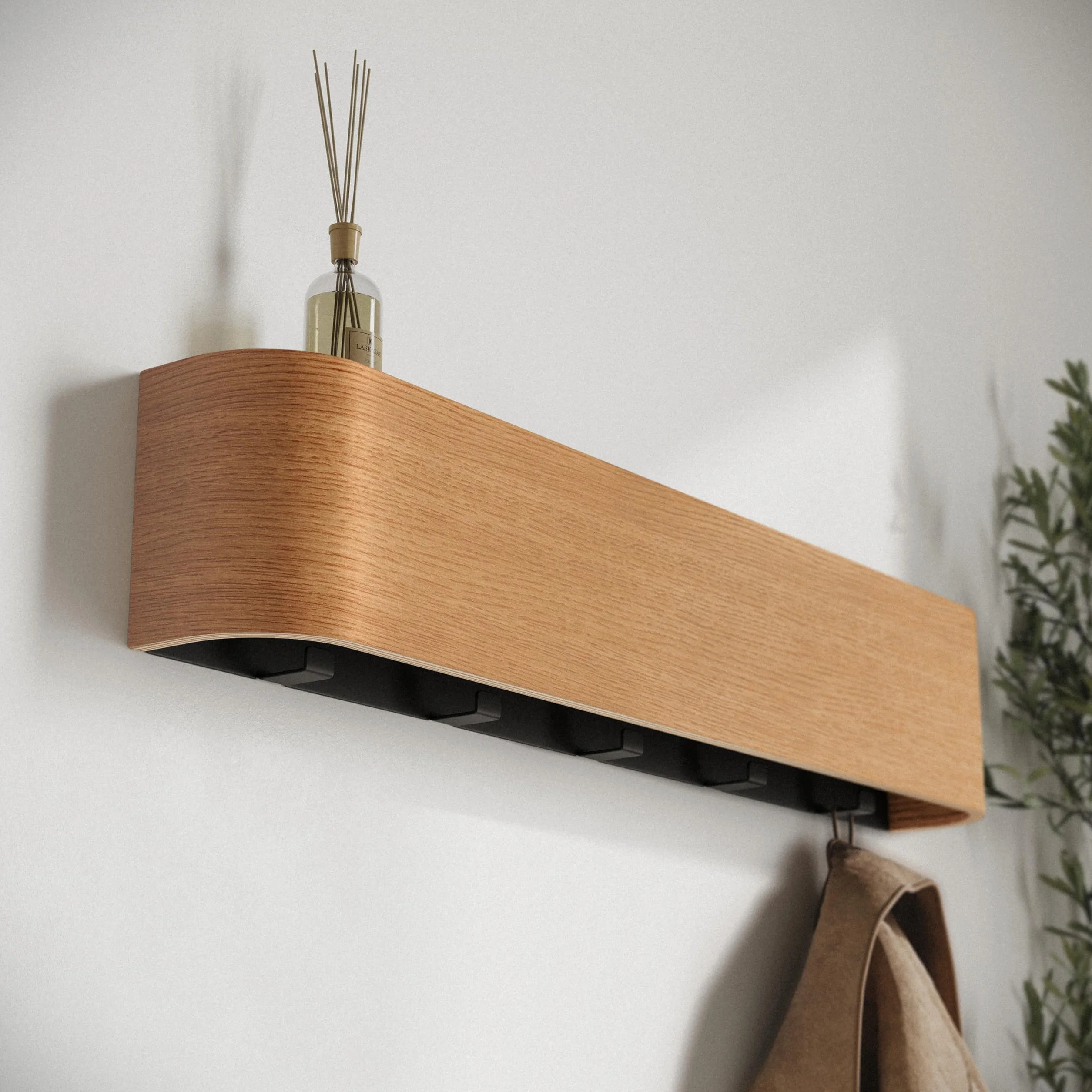 KAZAI. Wieszak na kurtki ścienny 'Toke' | Nowoczesny design z ukrytymi haczykami ściennymi | Panel z litego drewna fornirowanego | Dąb