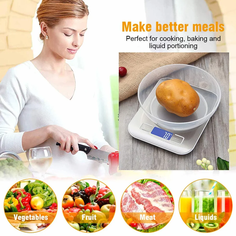 GRIFEMA GA2002 Waga Kuchenna LCD, Cyfrowa, Ze Stali Nierdzewnej, Wielofunkcyjna Waga Żywności 5 kg/11 lbs