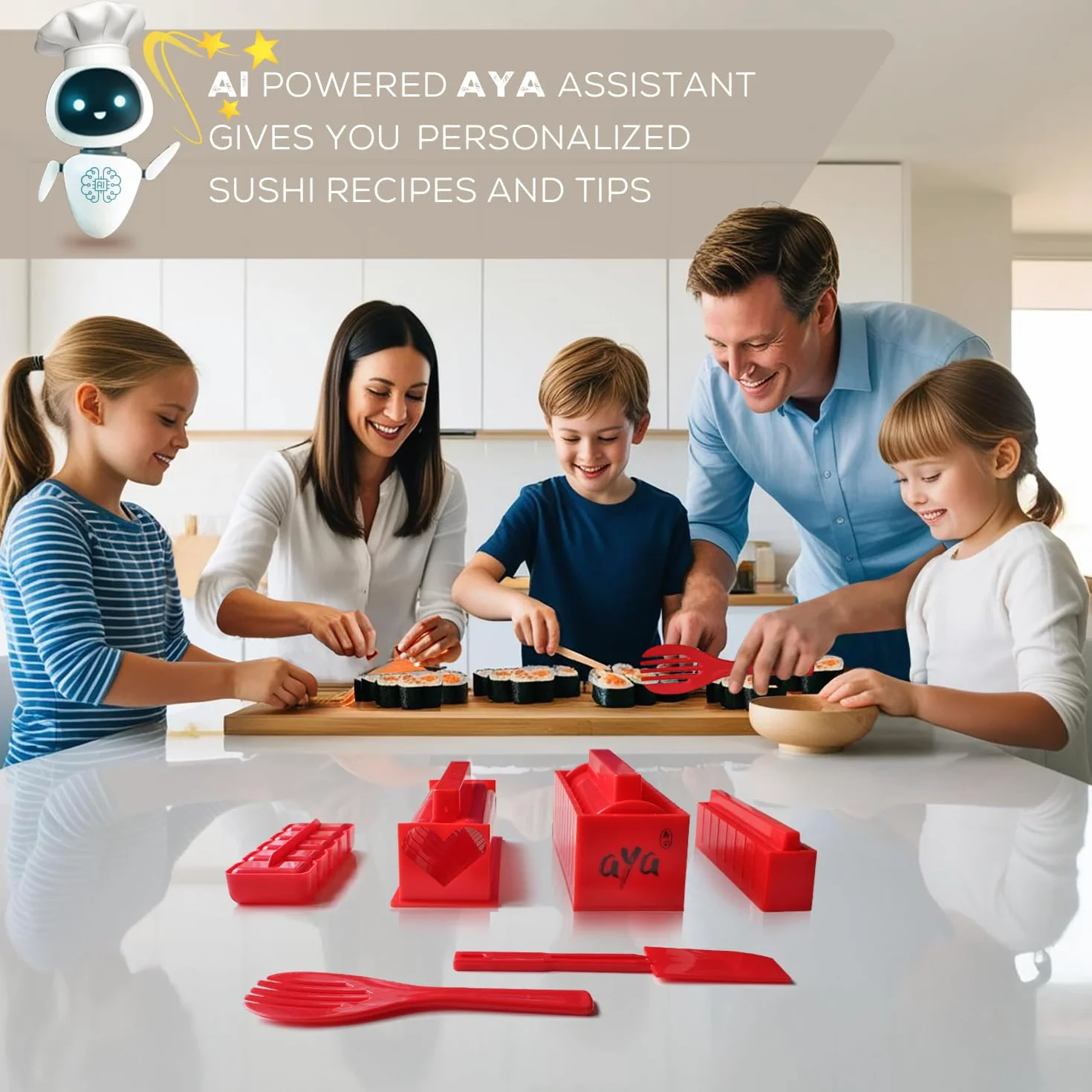 Aya Sushi Maker 3 - Asystent AI - Przepisy - 25 Sztuk - Przybory - Samouczki Wideo - Zestaw Z Nóż i Bambusową Matą - Łatwe i Przyjemne
