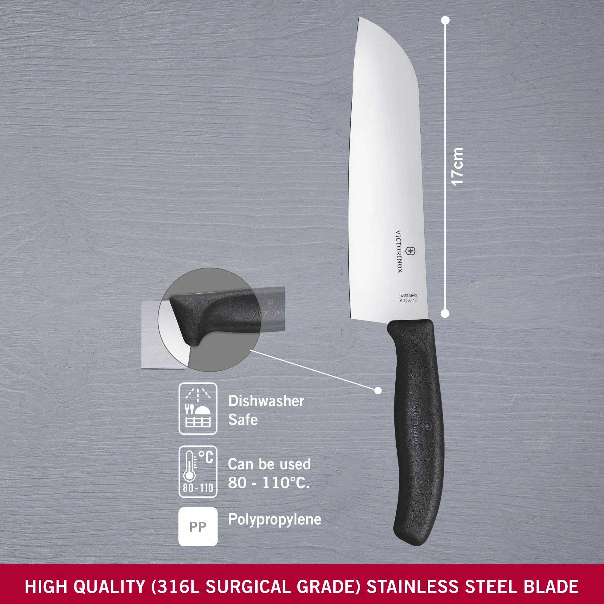 Victorinox, 6.8503.17B, Swiss Classic, Santokumesser, Extra scharfe Klinge, mit geradem Schliff, robuster Kunststoff-Griff, Schwarz, Made in Switzerland, Spülmaschinengeeignet