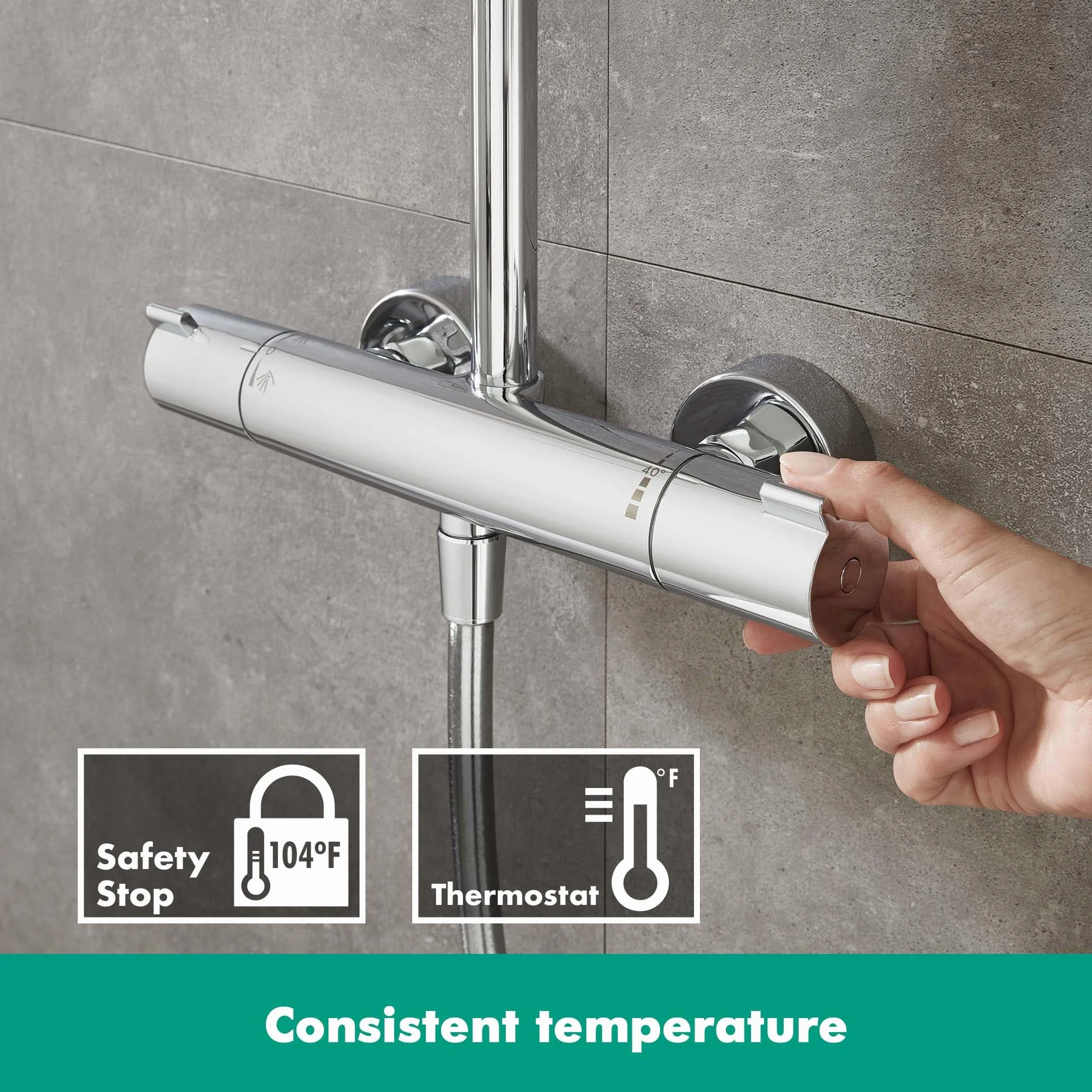 hansgrohe Crometta E - oszczędzający wodę komplet prysznicowy (EcoSmart) z termostatem, zestaw prysznicowy z główką prysznicowa, wąż, szyna i deszczownica kwadratowa (240x240mm), chrom, 27281000
