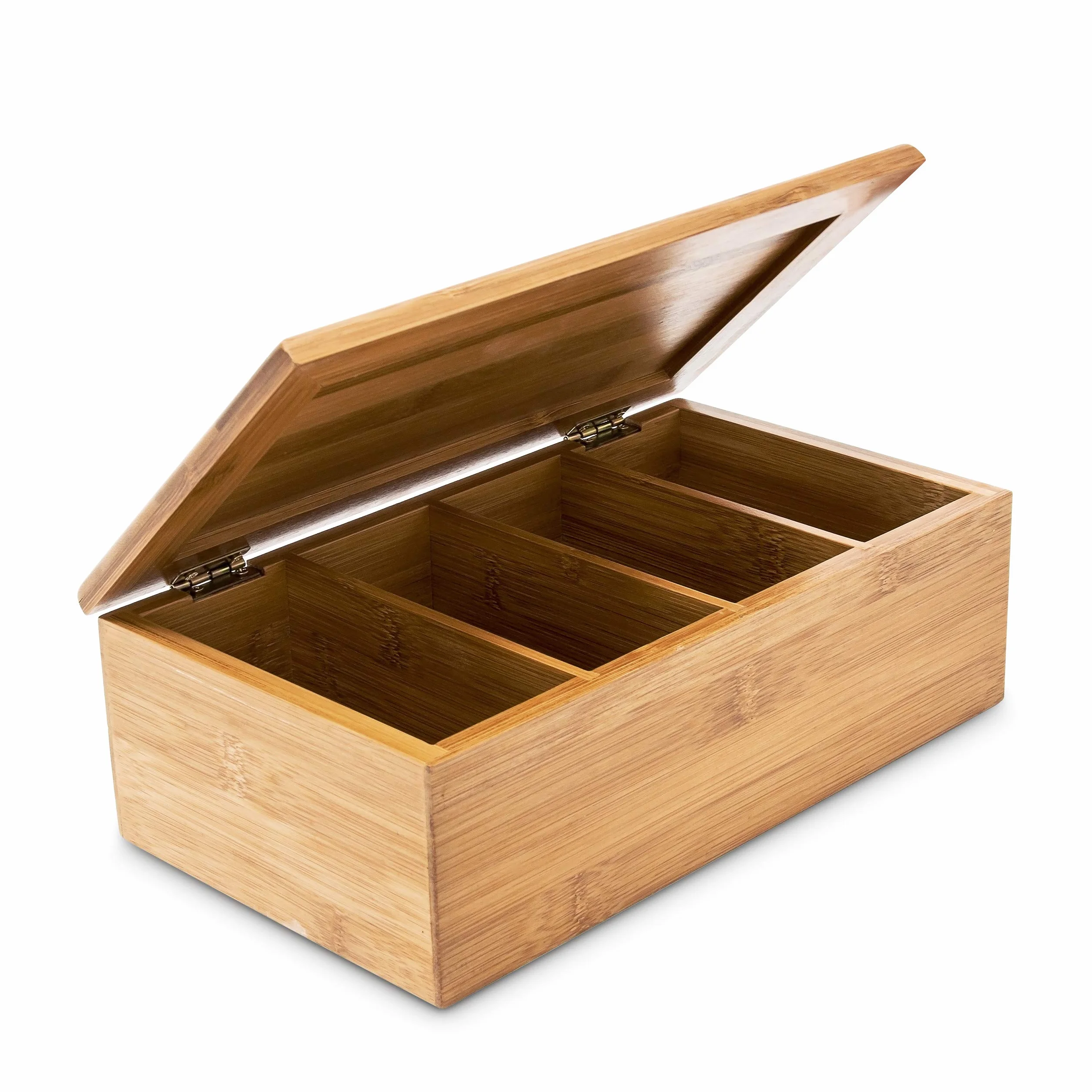 Relaxdays Pudełko na herbatę (wys. x szer. x gł.): 9 x 28,5 x 16 cm, z bambusa, z otwieraną pokrywką, puszka na herbatę z 4 przegródkami, na około 80 torebek herbaty jako pudełko na torebki herbaty i