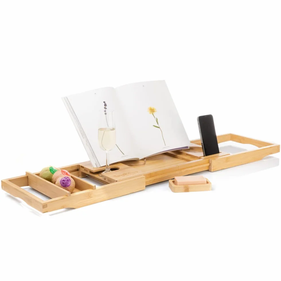 Tranquil Beauty Premium pojemnik na wannę, naturalny, zrównoważony bambus, deska łazienkowa z iPadem, tabletem i stojakiem na telefon, wysuwany drewniany stojak na wannę, regulowana taca łazienkowa z