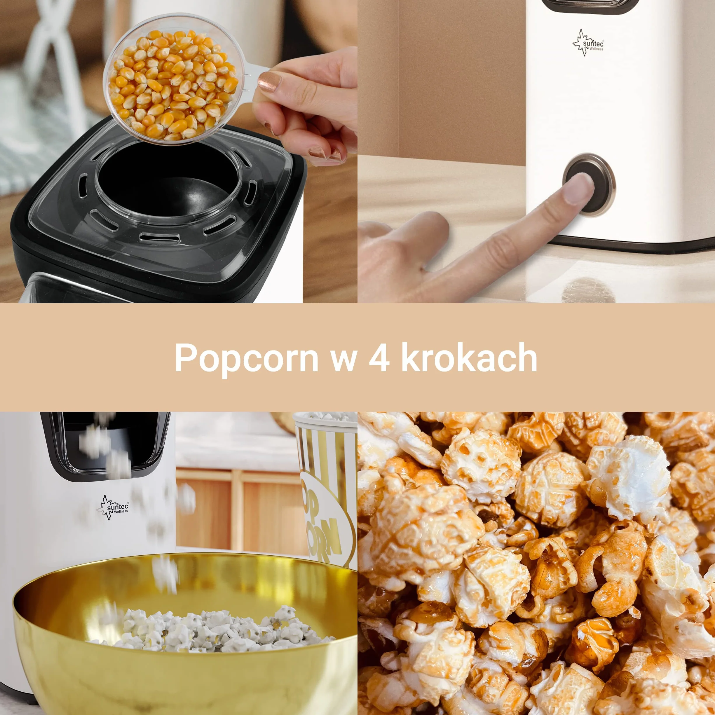 Urządz. do popcornu SUNTEC – Popcorn bez tłuszczu i oleju – Mini maszyna na gorące powietrze dla domu – Dodatki: cukier + sól + ser + karmel – słodki lub słony – urządz. do popc. POP-8618 bez tłuszczu