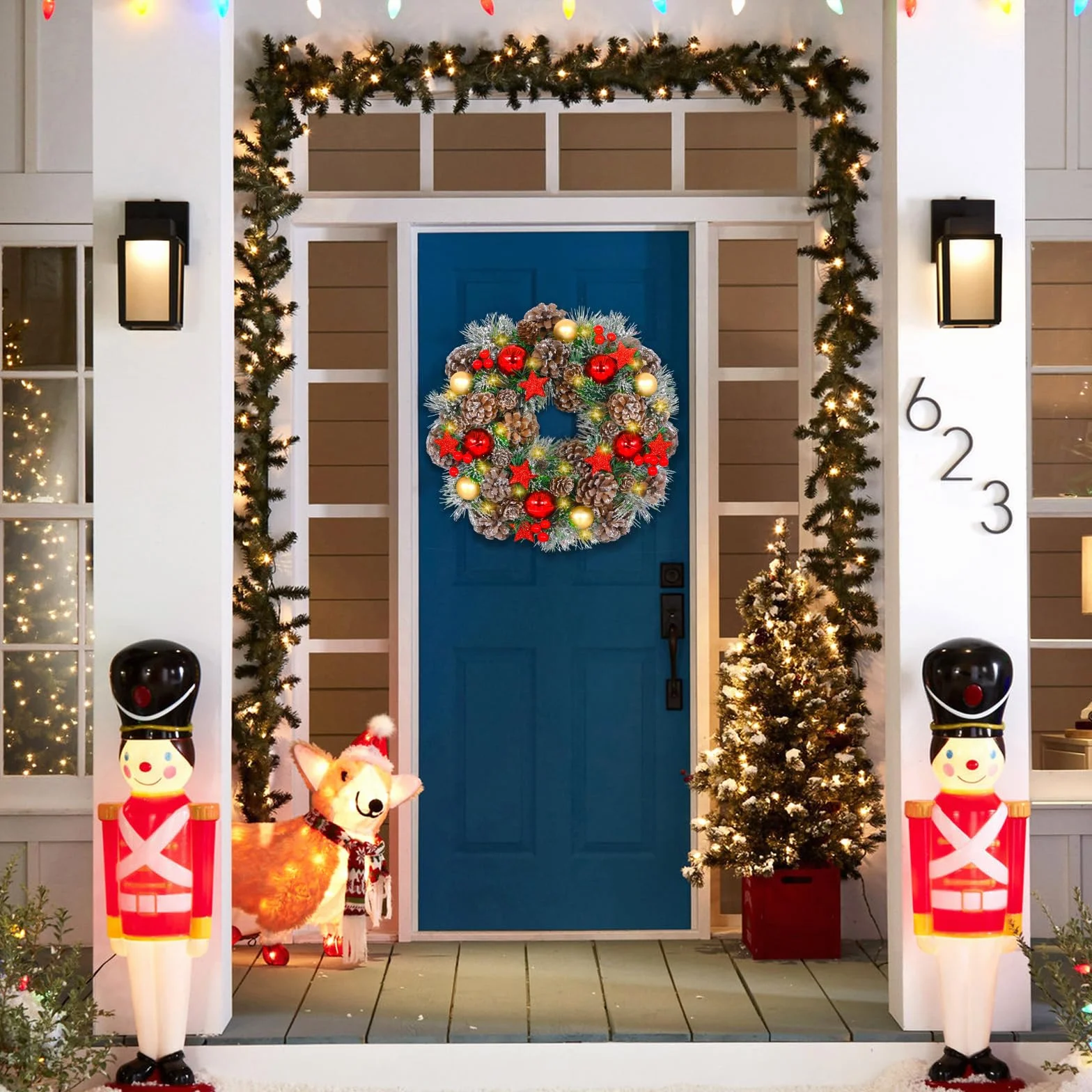 Wieniec bożonarodzeniowy LED 30 cm – wieniec na drzwi wejściowe, kominek i na zewnątrz – Christmas Wreath z oświetleniem