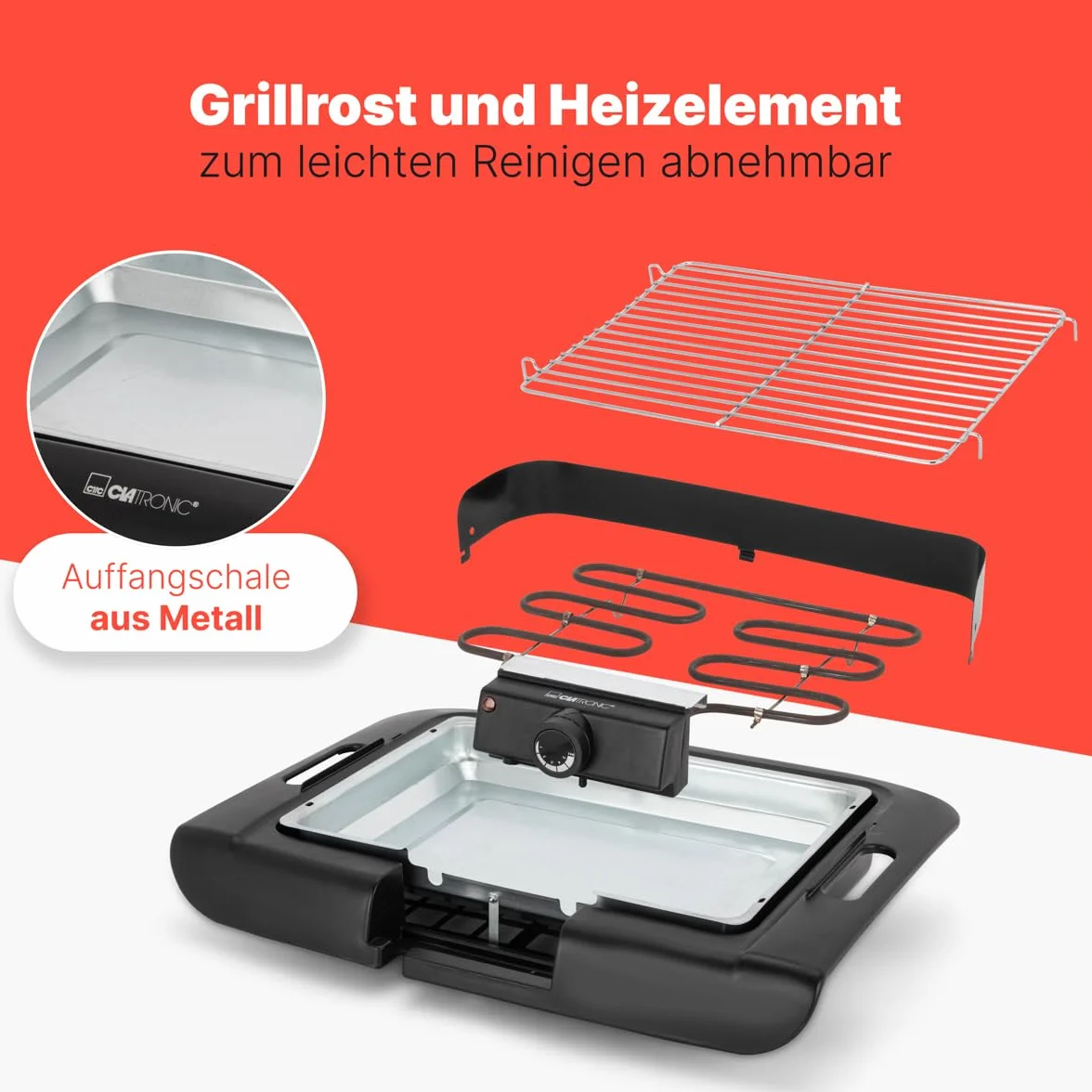 Clatronic BQ 3507 grill stołowy, chromowany ruszt do grilla, metalowa tacka na wyłapywanie, ochrona przed wiatrem, obudowa Cool Touch, czarny, 2000 W