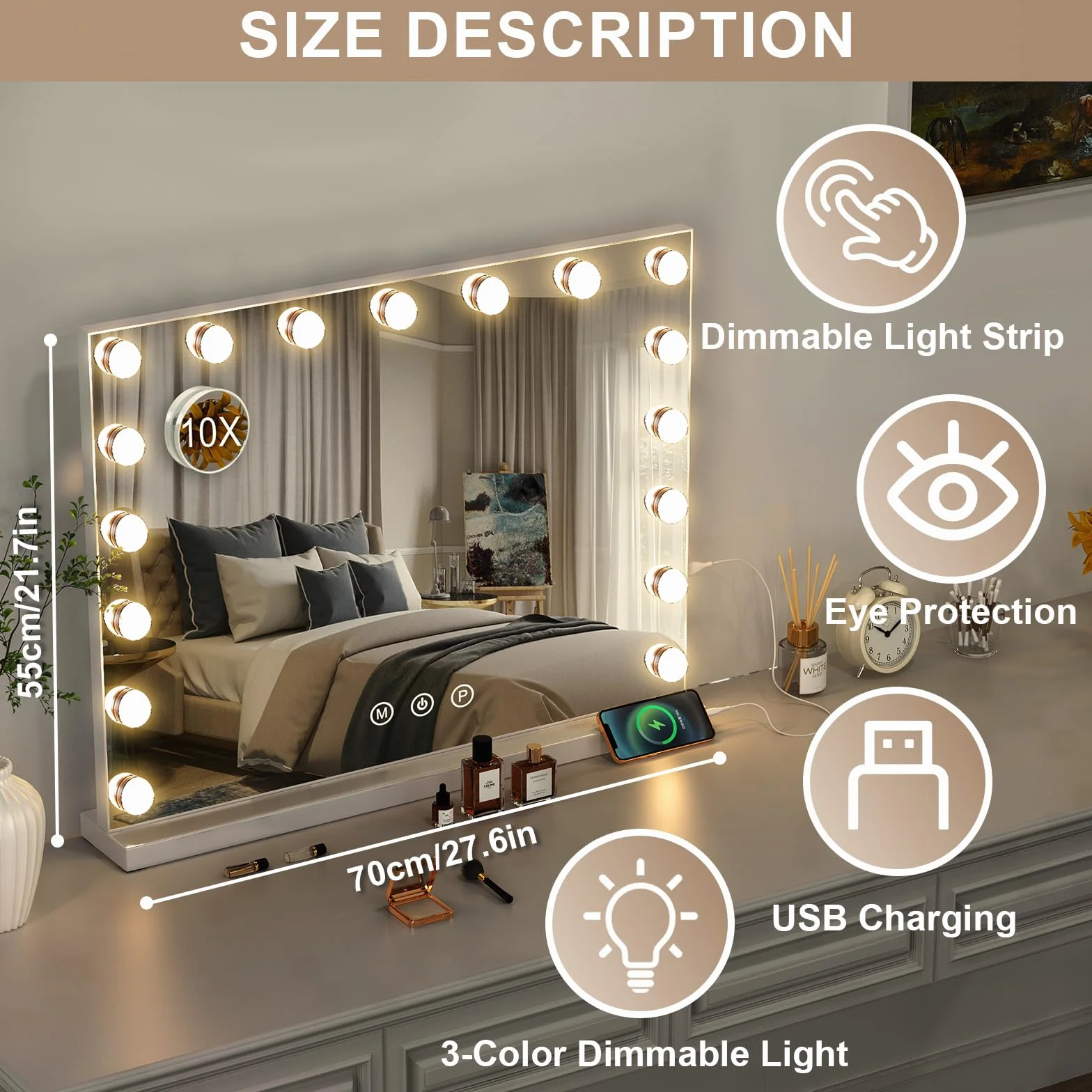Lustro do makijażu z oświetleniem, hollywoodzkie lustro z 17 lampkami, 3 kolory światła, lusterko kosmetyczne z USB i lupą 10 x, lustro ścienne, lustro stołowe do makijażu (70 x 55 cm)