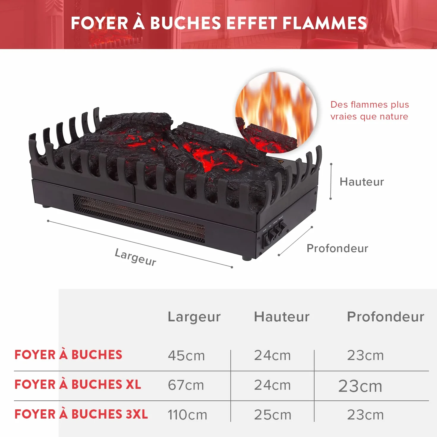 CHEMIN'ARTE Elektryczny kominek z efektem płomieni XL + ogrzewanie 2000 W – diody LED – zaprojektowany we Francji – 67 x 23 x 24 cm – 2 lata gwarancji