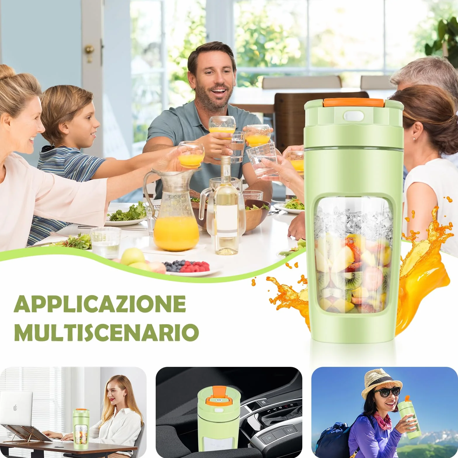 Lekki Przenośny Blender, ręczny mikser do owoców o pojemności 600 ml, mocny bezprzewodowy mini blender, z możliwością ładowania, smoothie, koktajle białkowe, kruszy lód i mrożone owoce (Zielony)