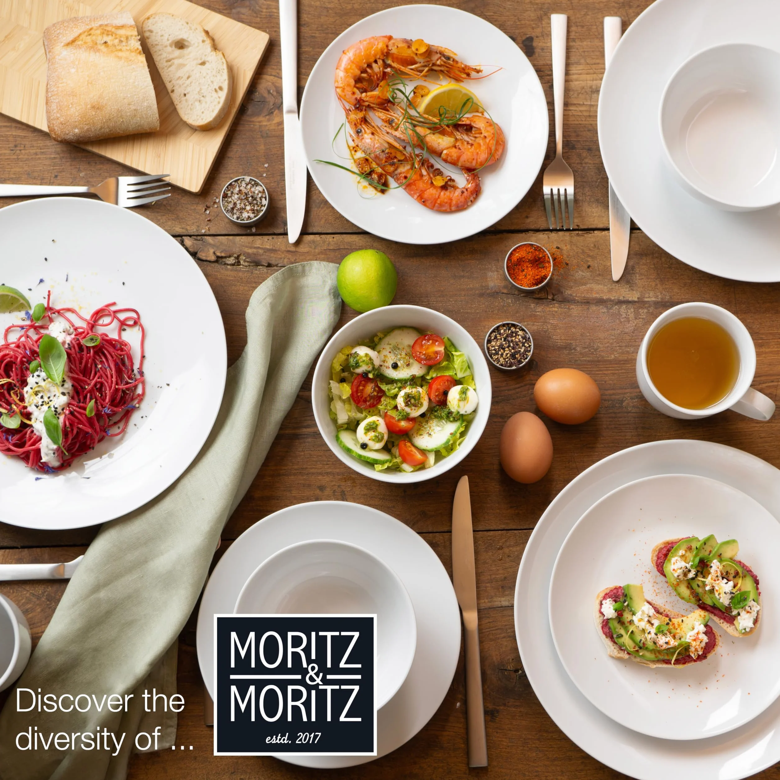 Moritz & Moritz BASIC 18-częściowy zestaw naczyń dla 6 osób, nowoczesny – z wysokiej jakości porcelany w klasycznej bieli – składający się z 6 talerzy obiadowych, 6 talerzy deserowych i 6 miseczek