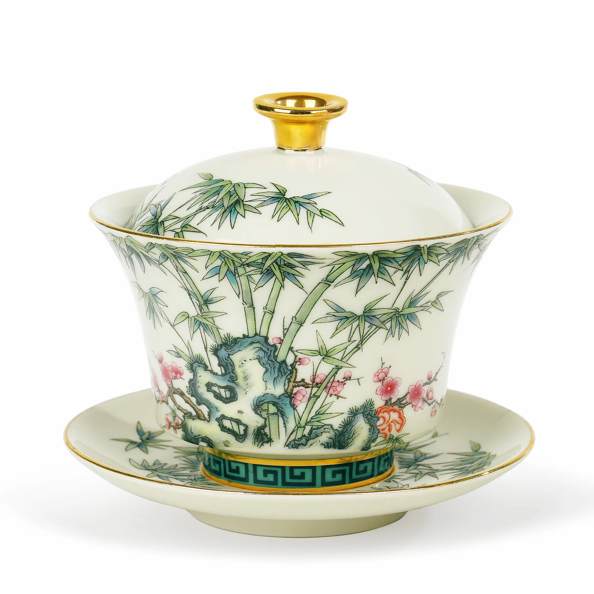 fanquare Chiński Gaiwan czerwone kwiaty śliwy zielony bambus porcelana Sancai miska do herbaty z pokrywką vintage filiżanka spodek zestaw 200 ml