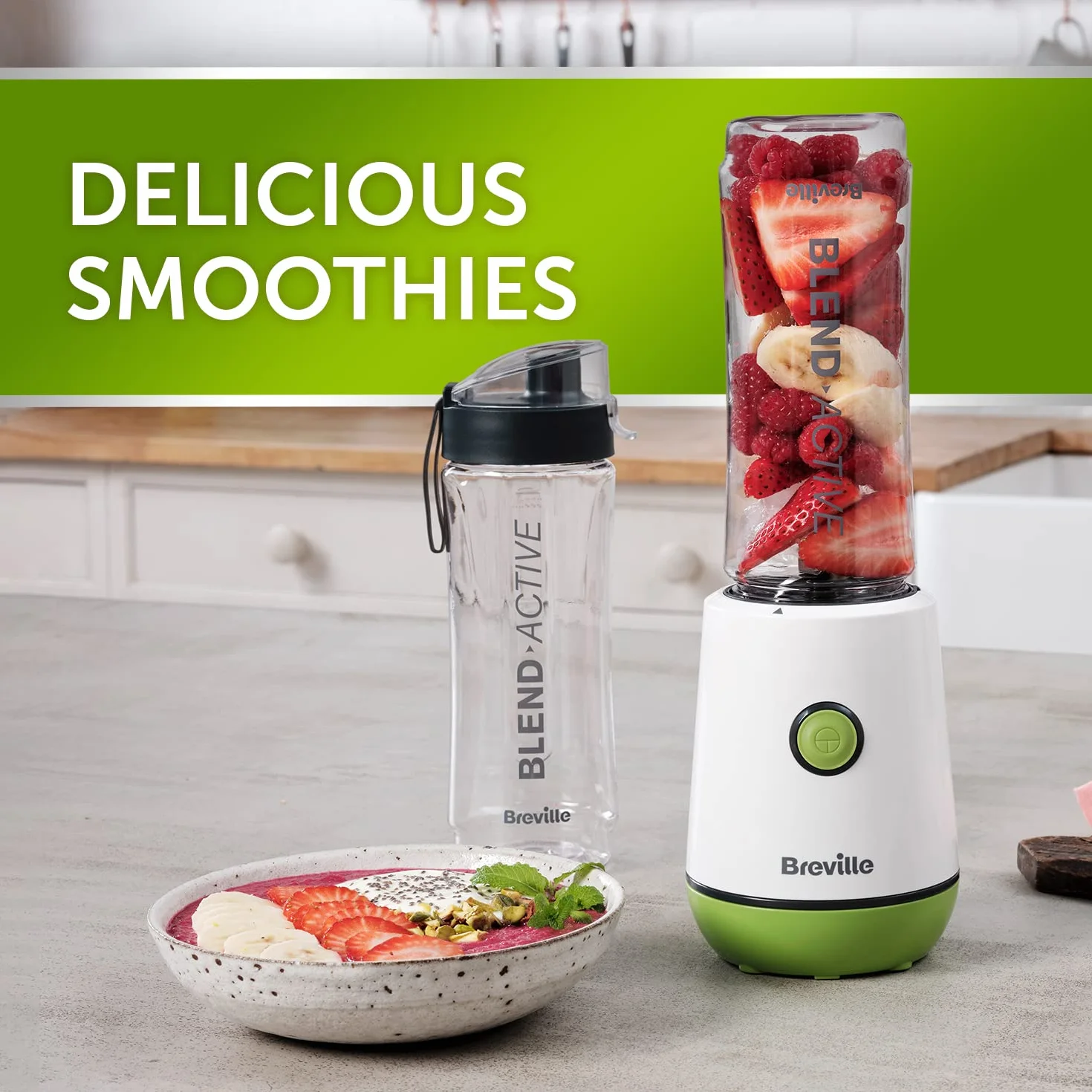 Breville Blend Active Personal Blender & Smoothie Maker | 350 W | Pakiet rodzinny | 4 przenośne butelki z mieszanką aktywnych (300 ml | 600 ml) | szczelne pokrywki | biało-zielone [VBL252]