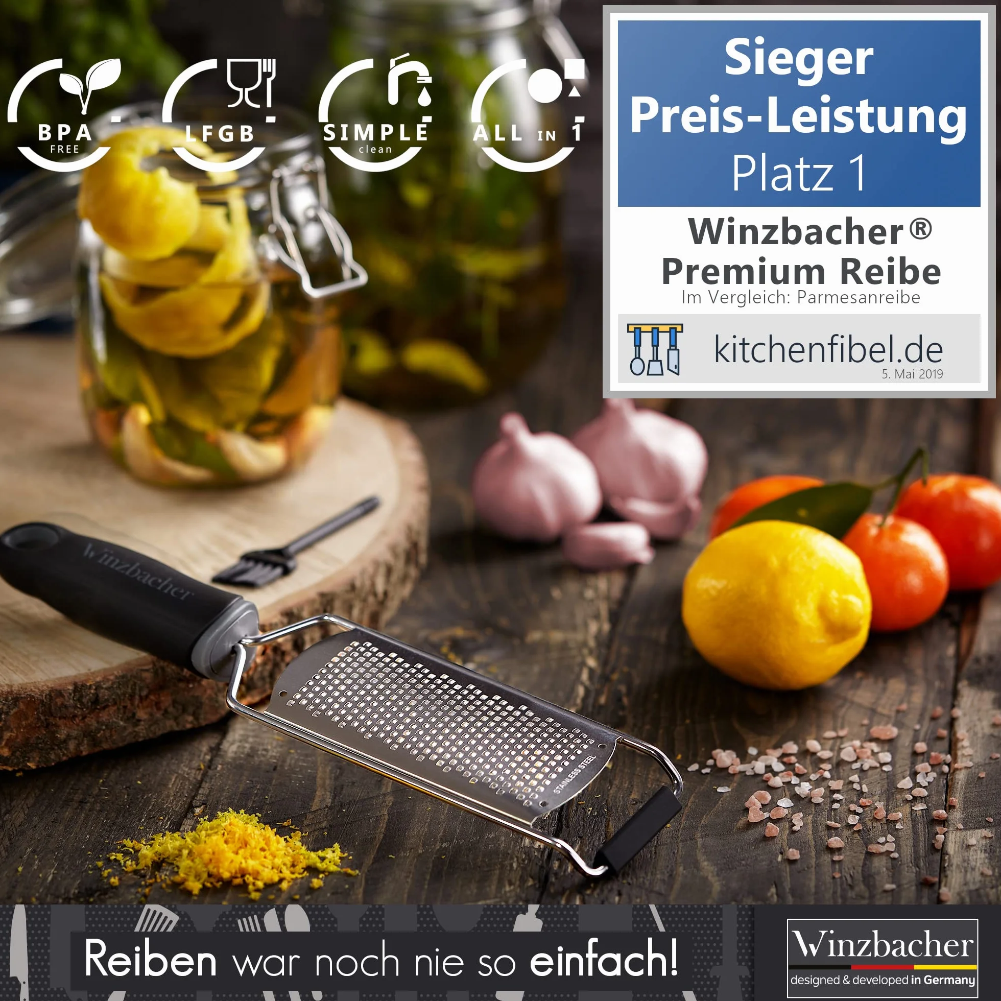 Winzbacher Parmesanreibe Zitronenreibe Edelstahl spülmaschinenfest mit Schütz Reinigungsbürste