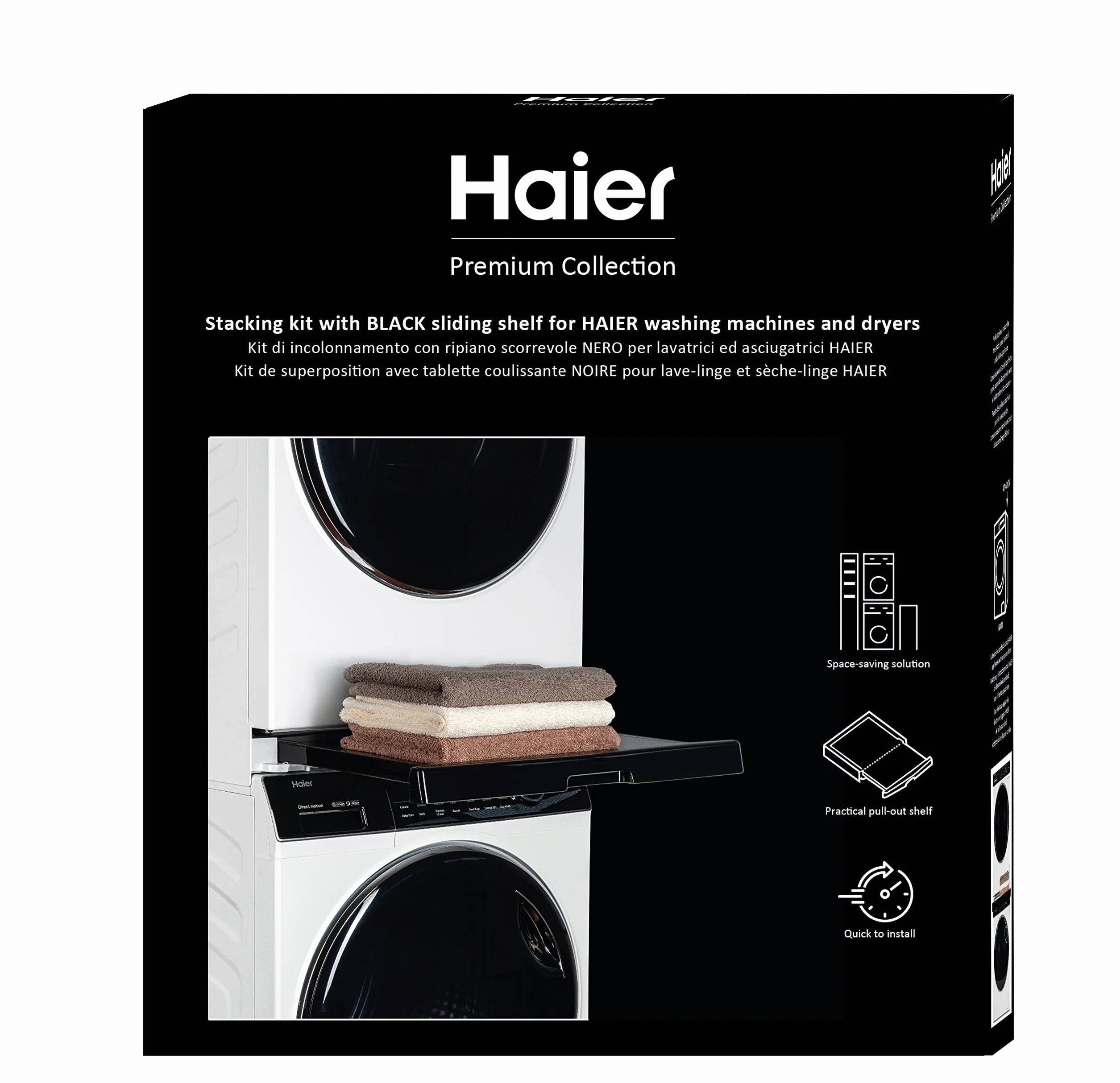 Haier Uniwersalna rama montażowa Premium do pralek i suszarek bębnowych, oszczędzająca miejsce, z czarną półką przesuwną zapobiegającą przechyleniu, idealna do Haier Pralki i suszarki serii 3, 5 i 7