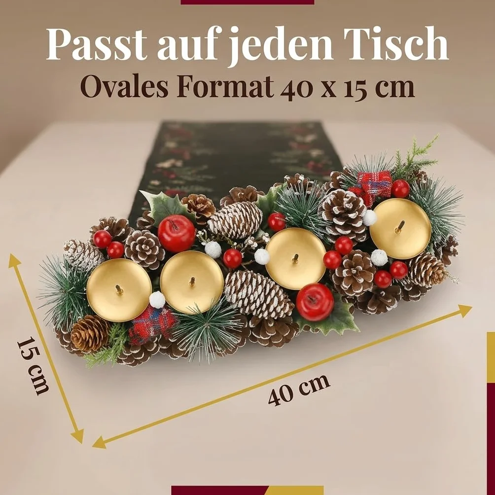 MIJOMA Wieńc adwentowy z świecznikiem – wieniec bożonarodzeniowy z szyszek choinki i dekoracja na świąteczny stoł (Owal 40 × 15 cm)