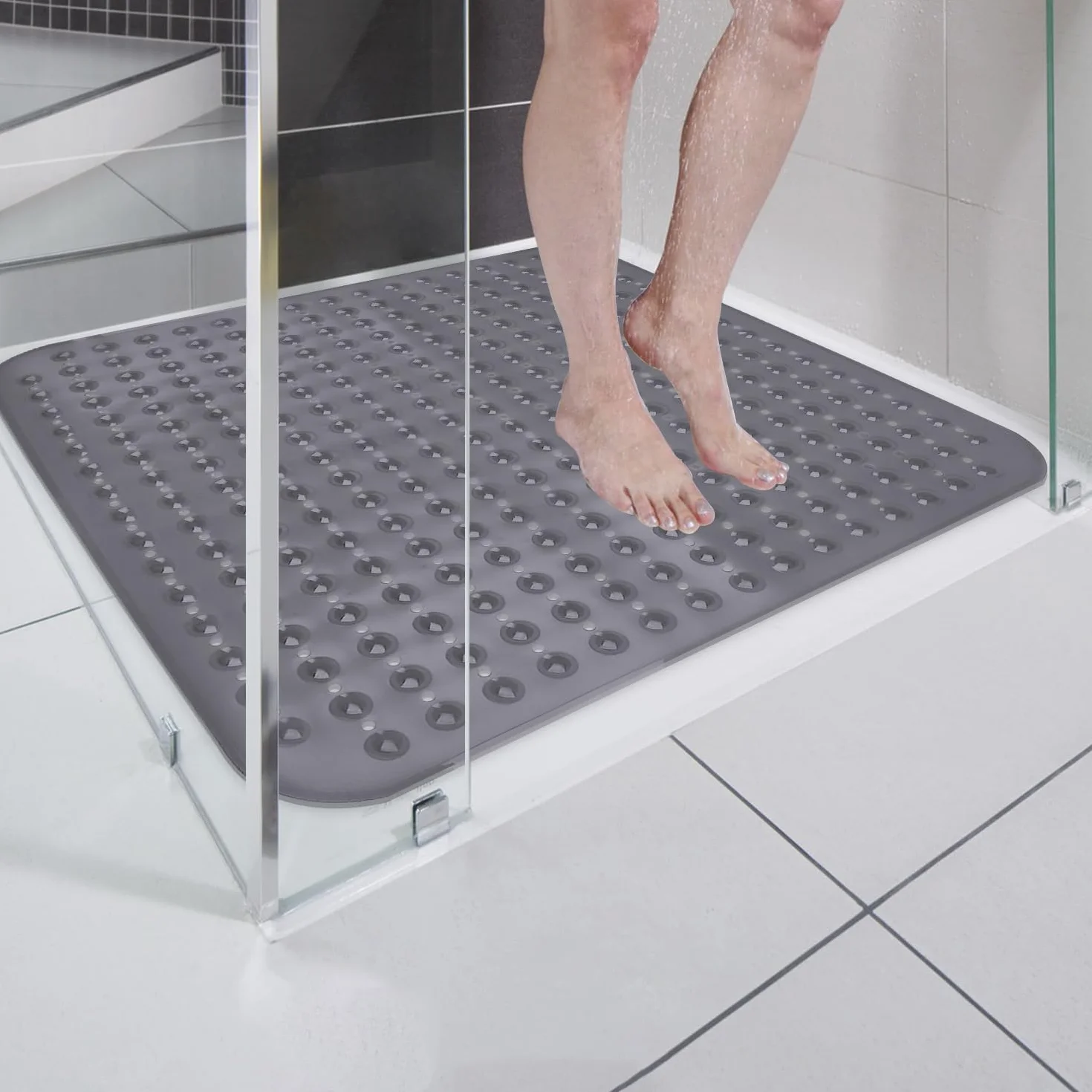 Leeko Mata prysznicowa 80x80cm, antypoślizgowa mata łazienkowa z 285 przyssawkami i otworami odpływowymi, materiał PCW, nie zawiera BPA, odporna na pleśń, nadaje się do prania w pralce (szara)