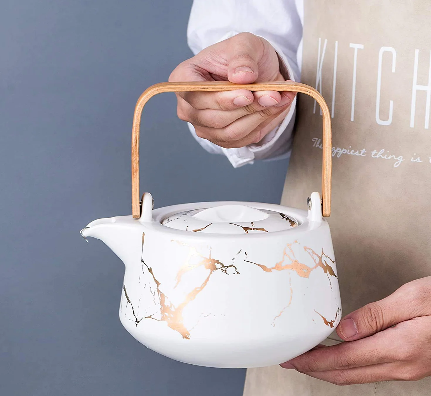 Ceramiczny zestaw do herbaty w japońskim stylu, elegancki czajniczek i 4 filiżanki do herbaty z drewnianą tacą na popołudniową herbatę, wystrój domu, restauracji, herbaty, przyjęcie, marmurowe