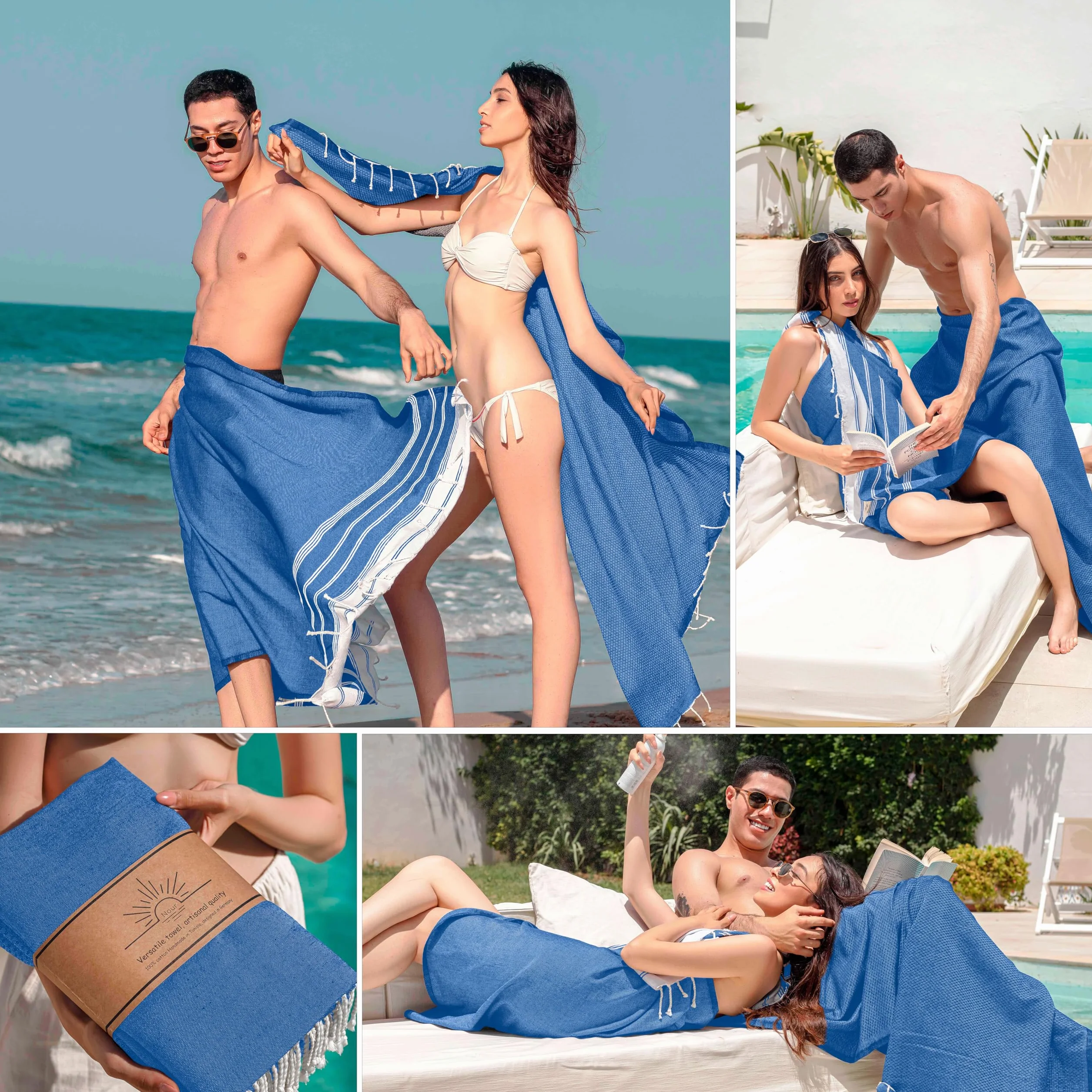 NOUR Ręcznik hammam ręcznik plażowy | 2 sztuki w opakowaniu | duży 100 x 200 cm | ze 100% bawełny | koc piknikowy | ręcznik do sauny | bardzo lekki | chłonny | szybkoschnący | piasek się nie przykleja