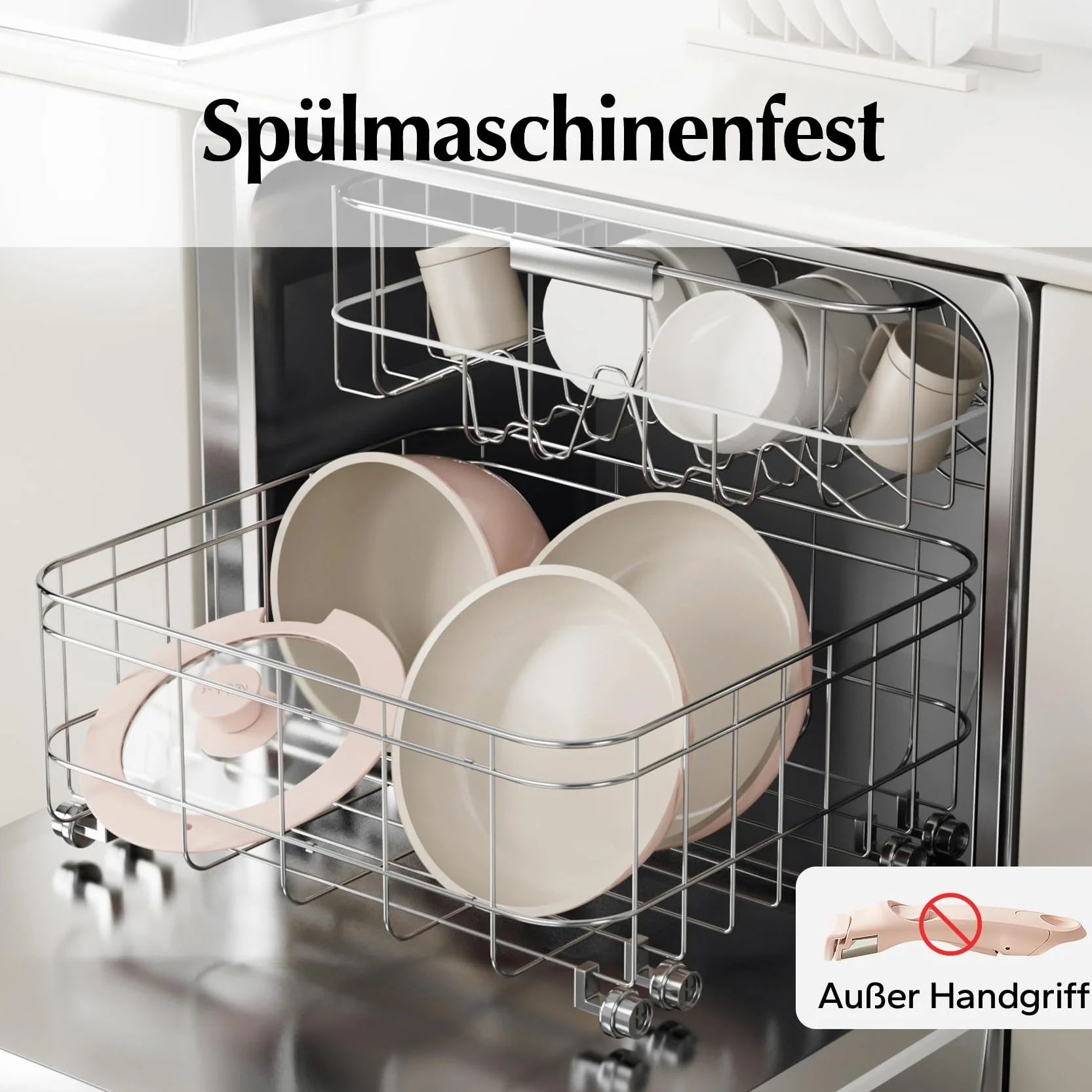 Redchef 16-cz ceramiczny zestaw garnków i patelni, nieprzywierający, nietoksyczny (bez PFAS/PFOA/PTFE), bezpieczny w zmywarce i piekarniku, z odczepianą rączką (różowy)