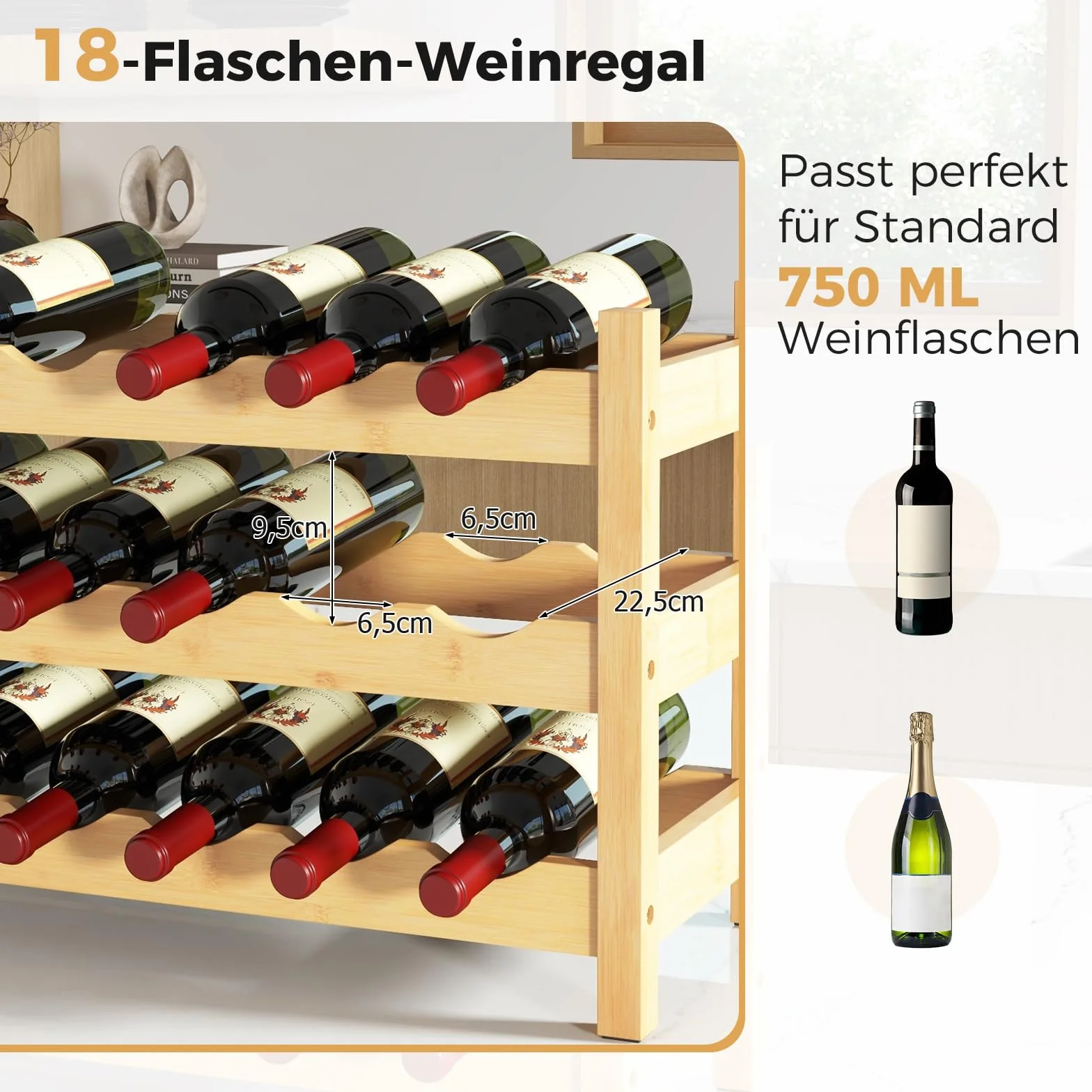 COSTWAY Regał na wino na 18 butelek, półka na butelki z 3 półkami, uchwyt na butelki z bambusa do spiżarni, kuchni, baru, jadalni, drewniany uchwyt na butelki, 62 x 24 x 38 cm, naturalny