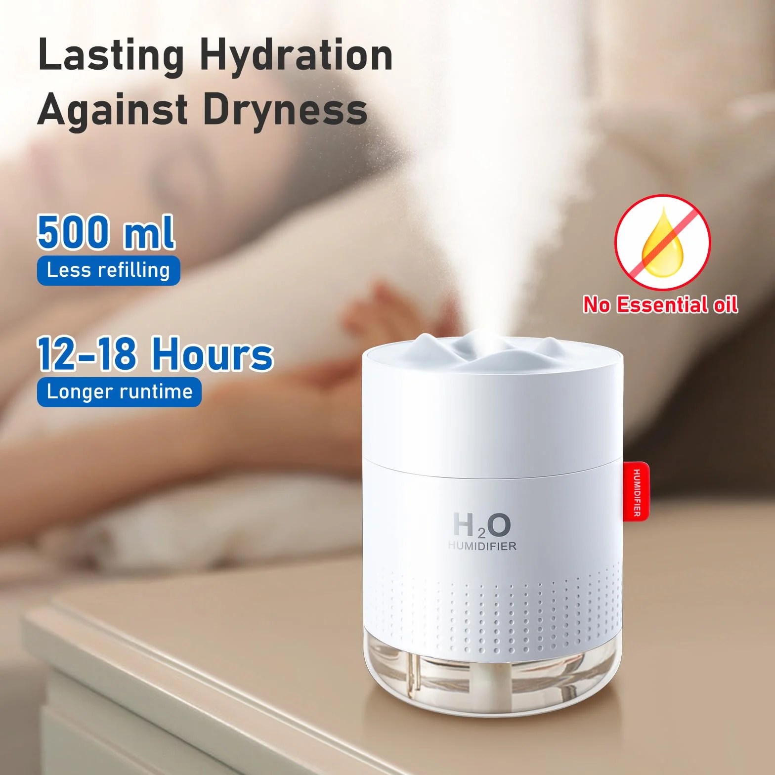 nawilżacz powietrza do sypialni, 500 ml, USB, ultradźwiękowy, cichy, przenośny, do domu, jogi, biura, 2 filtry