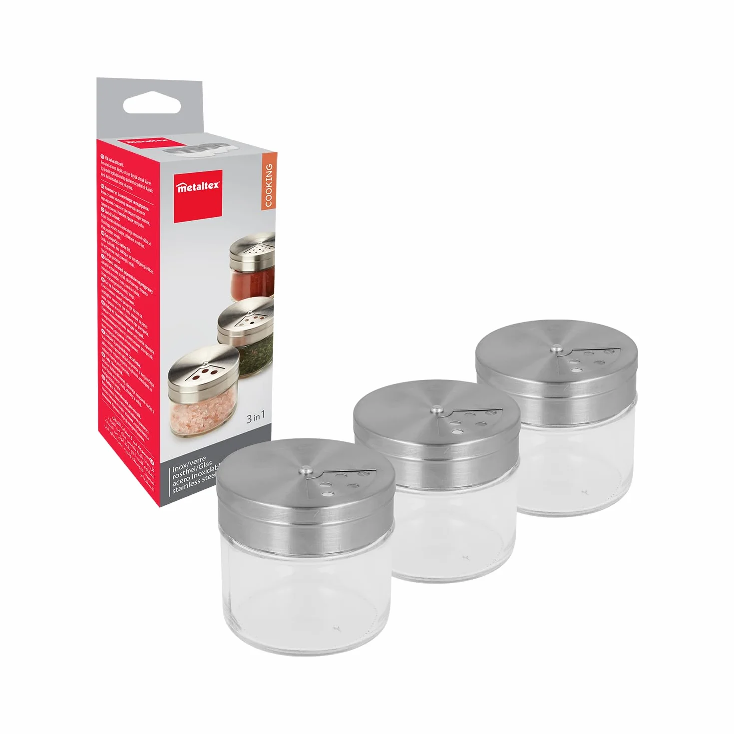 Metaltex Słoiki na przyprawy, zestaw 3 sztuk, płaskie, 100 ml, szklane