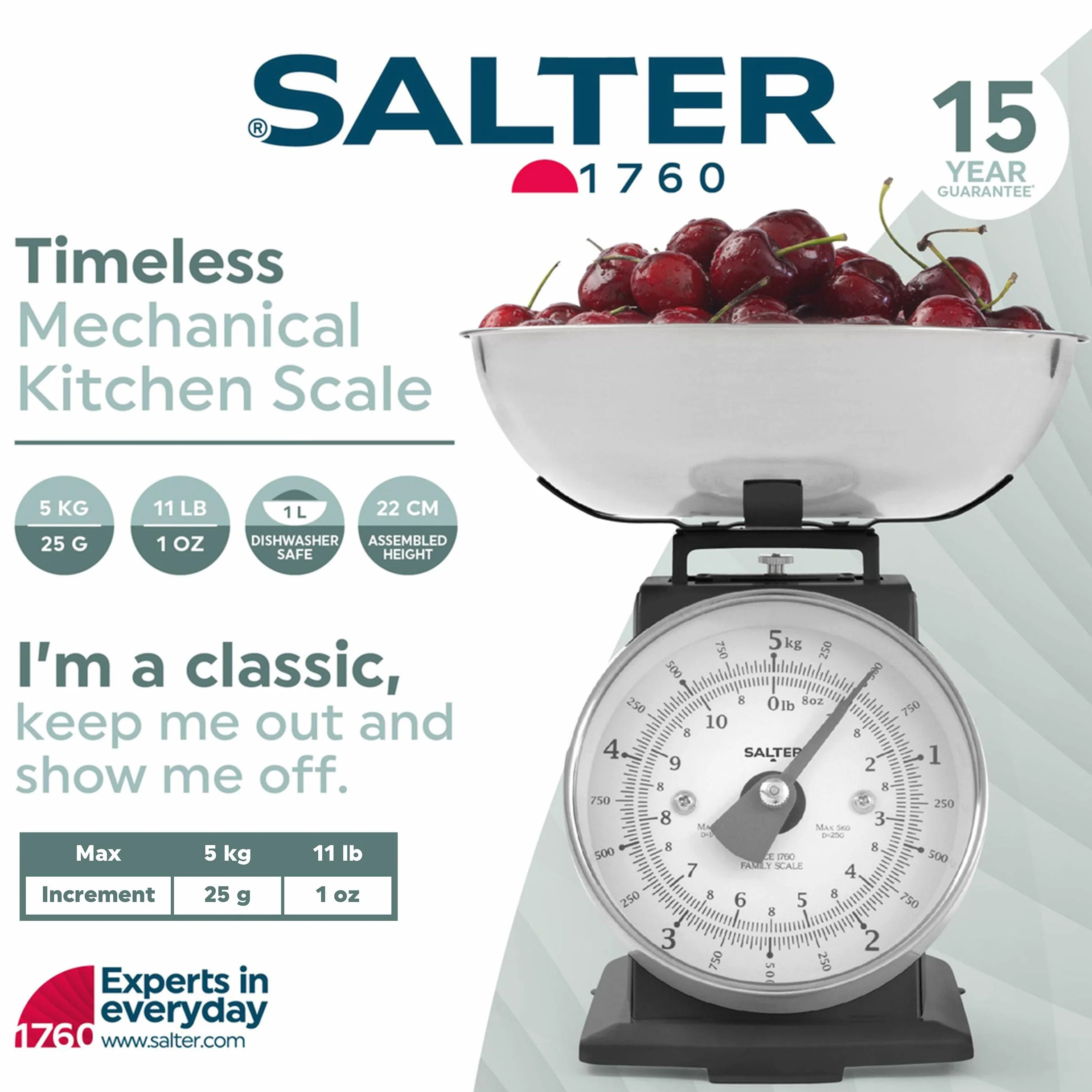 Salter SA00562BFEU12 Ponadczasowa mechaniczna waga kuchenna – pojemnosc 5 kg, miska nadajaca sie do mycia w zmywarce o pojemnosci 1 litra, skala do pieczenia, klasyczny design, duza tarcza cyfrowa