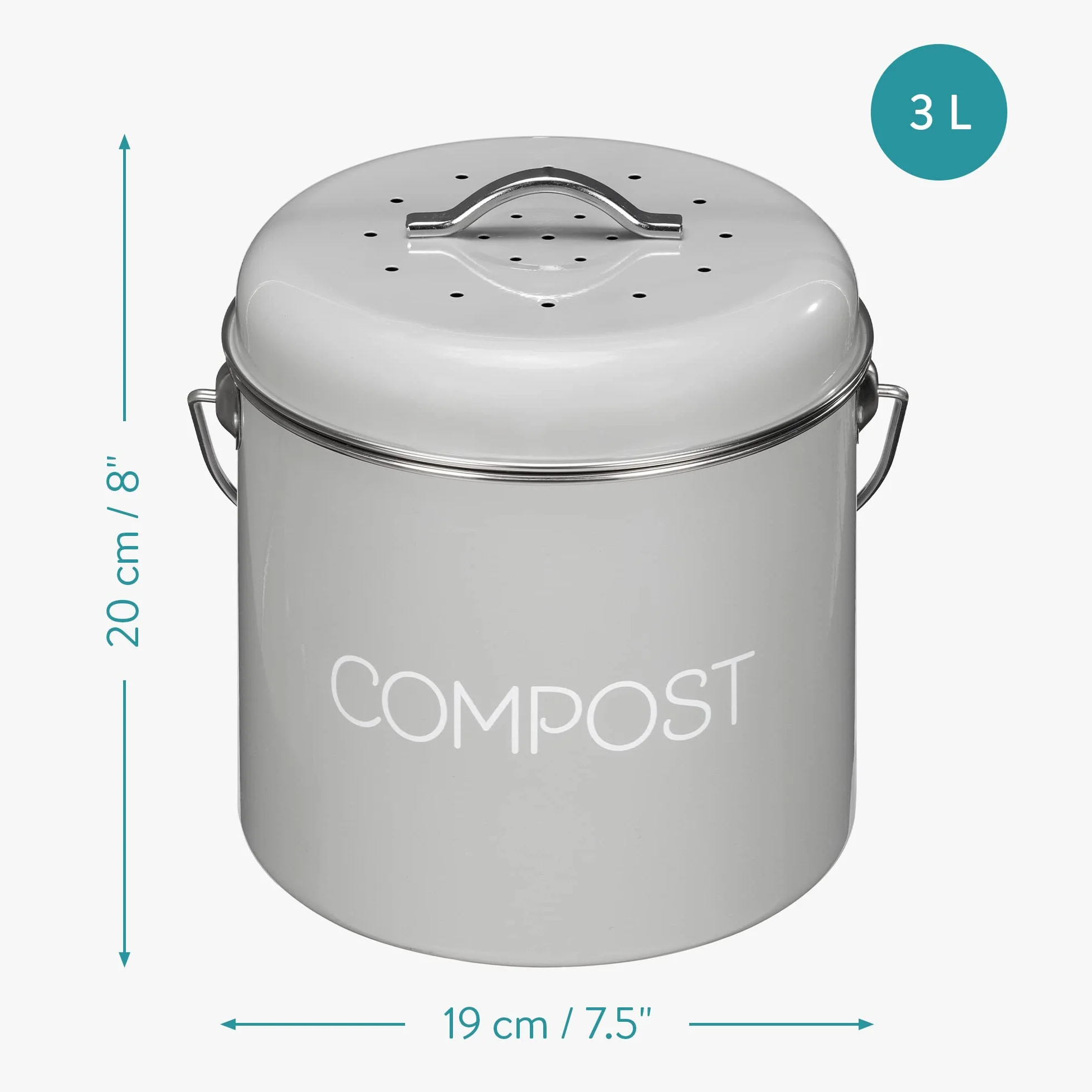 Navaris Metalowy kosz na kompost, 3 l, kuchenne wiadro do kompostowania z filtrami węglowymi i pokrywką, do recyklingu ekologicznych odpadów spożywczych w pomieszczeniach, szary