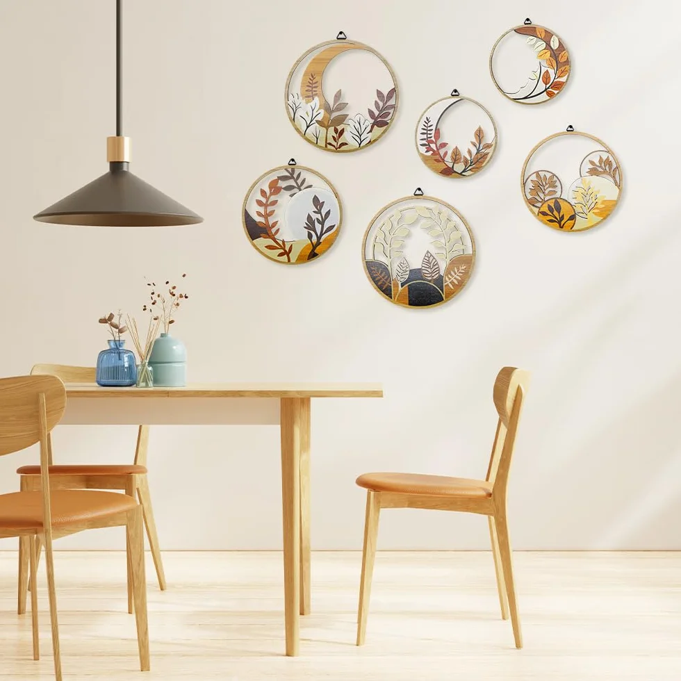 WATUNID 6 sztuk drewnianych dekoracji ściennych w stylu boho do salonu, okrągła, minimalistyczna dekoracja ścienna, nowoczesna dekoracja ścienna w stylu boho, do sypialni, rustykalna dekoracja do domu