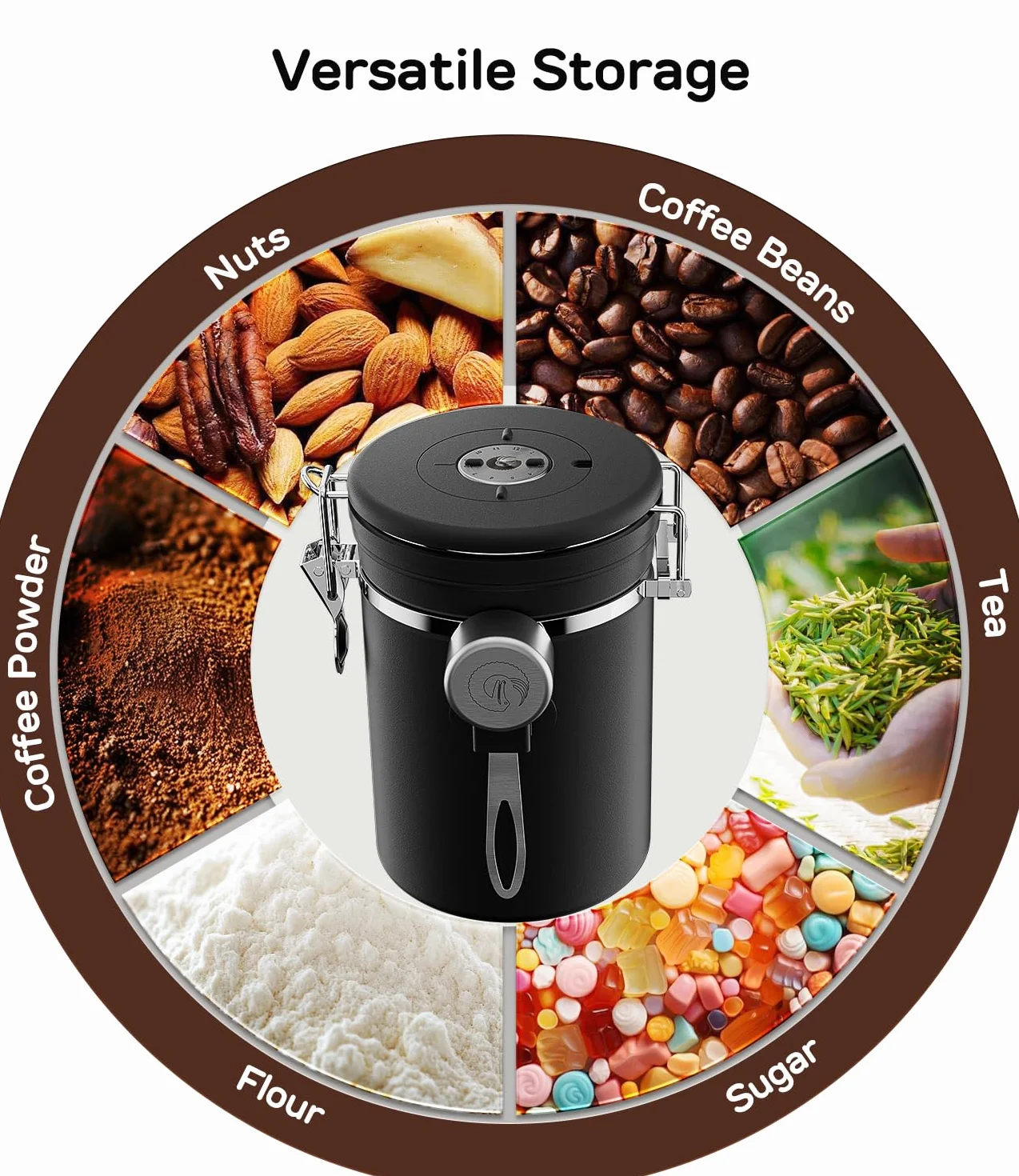 Coffee Gator Stainless Steel Coffee Grounds and Beans Container Canister with Date-Tracker, CO2-Release Valve and Measuring Scoop, Medium, Black