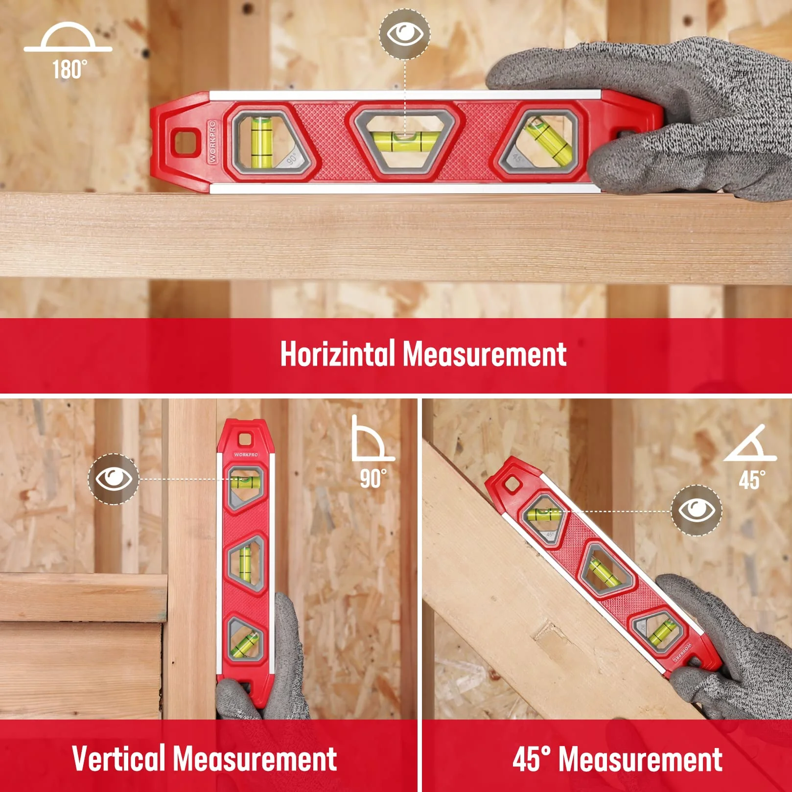 WORKPRO Poziomica magnetyczna 23 cm, mała, 3 libelle 45°/90°/180°, odporna na uderzenia, aluminiowa rama, mocny magnes, czytelna od góry, dla profesjonalistów budowlanych