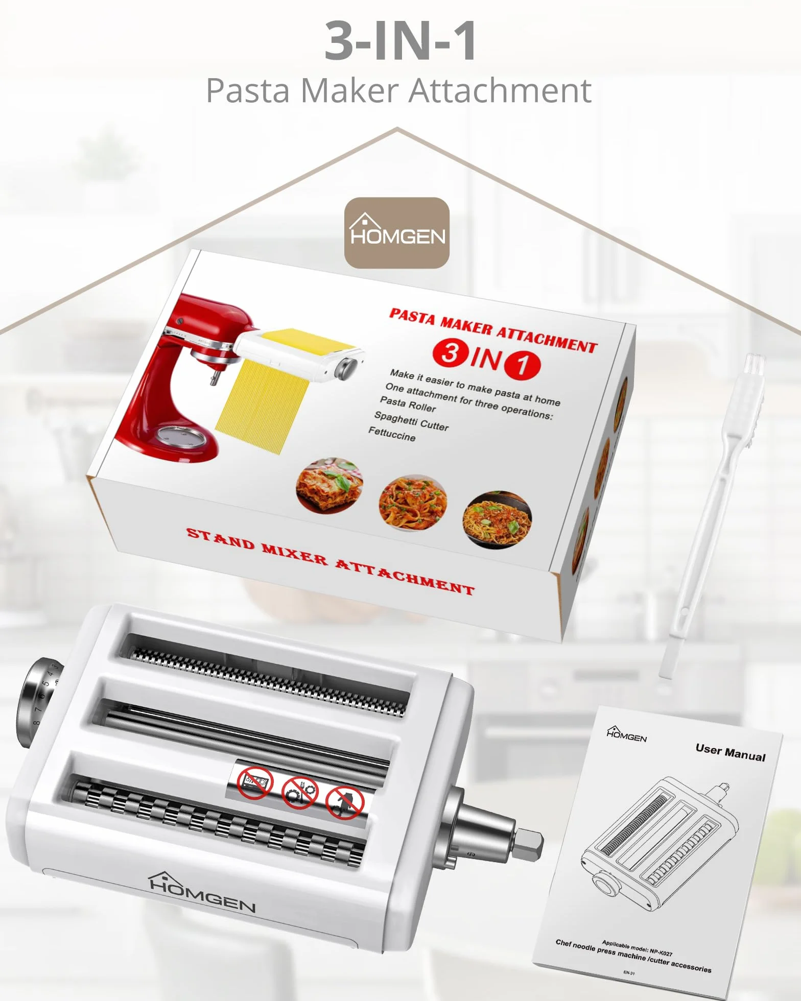HOMGEN Nasadka do makaronu 3 w 1 do miksera KitchenAid, zestaw z wałkiem, krajalnicą do spaghetti i fettuccine, wytrzymałe nakładki ze stali nierdzewnej