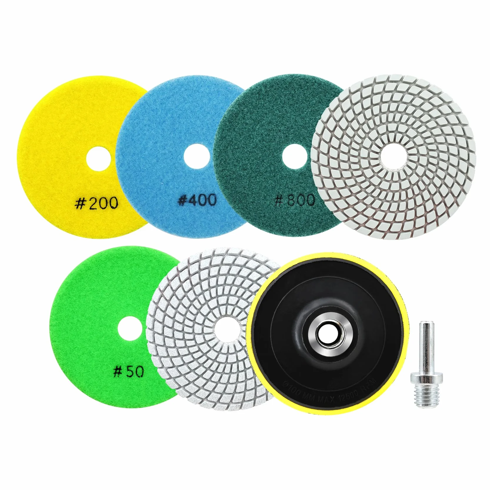 Diamentowe tarcze polerskie na mokro - diamentowe podkładki polerskie 6 sztuk 100 mm ziarnistość 50/100/200/400/800/1500 z talerzem podporowym M14 + adapter do granitu, marmuru, sztucznego