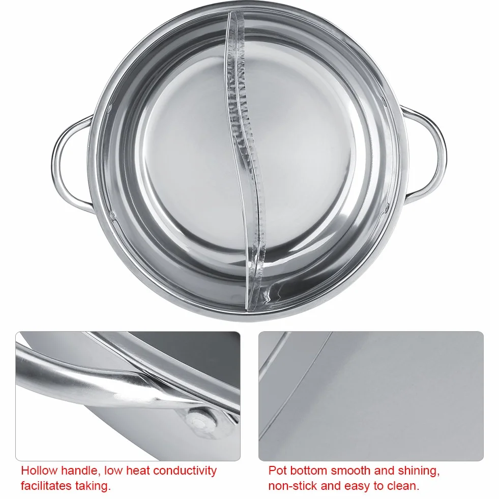 Chiński Hot Pot, dwupokojowy garnek ze stali nierdzewnej Shabu-Shabu, głęboki dla 4-5 osób, używany z kuchenką indukcyjną / piekarnikiem gazowym / piekarnikiem elektrycznym / płytą ceramiczną - srebrny (34cm)