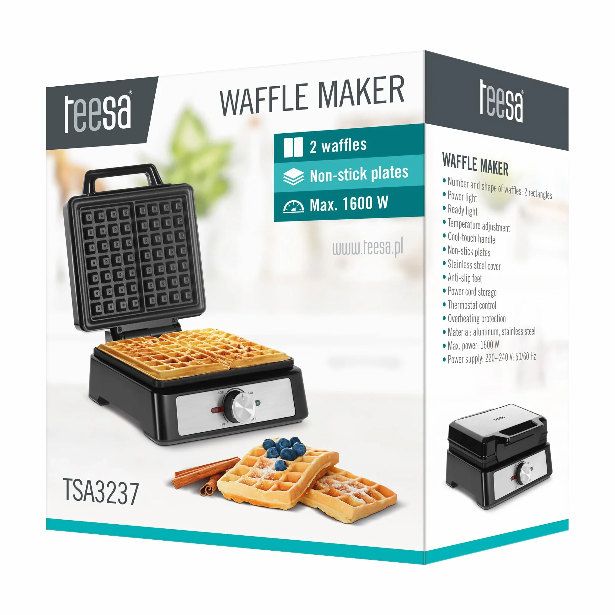 Teesa Gofrownica na 2 Gofry 1600W inox Regulacja Temperatury Pokrywa ze Stali Nierdzewnej Nieprzywierająca Powłoka Płytek TSA3237